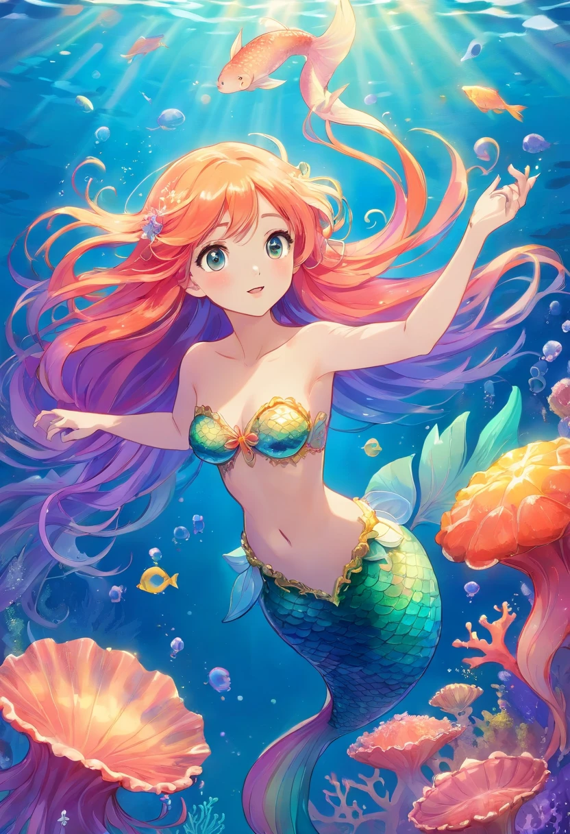 rainbow mermaid,fantasy creature (mermaid:1.1),underwater scenery,ocean depths,beautiful detailed eyes,beautiful detailed lips,sparkling scales,flowing colorful hair,finely detailed fish tail,magical underwater lighting,calm and serene atmosphere,peaceful underwater kingdom,dreamlike setting,floating seaweed and coral,fascinating marine life,vibrant and bright colors,natural sunlight filtering through the water,iridescent jellyfish dancing around,playful and gentle sea creatures,ethereal and enchanting presence,mythical and mysterious aura.
