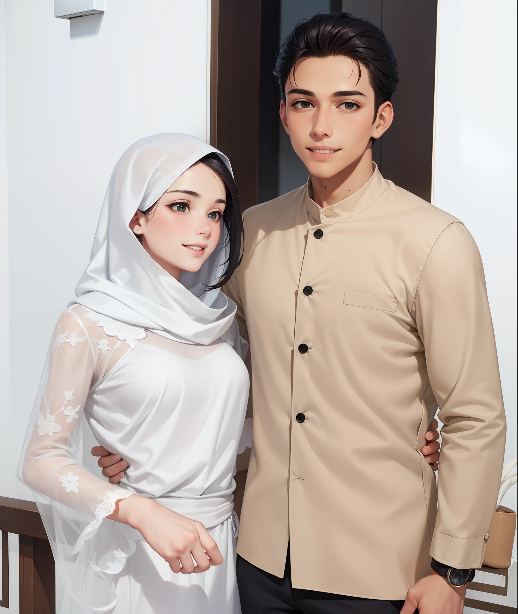 Attractive profile picture, masterpiece, ultra-precise rendering, beautiful and cool young man, trustworthy, dependable young man, savior of the world, simple design, most beautiful image, 4K, black hair, (muslin girl, white hooded, hooded girl, white dress, smiling), arabian face