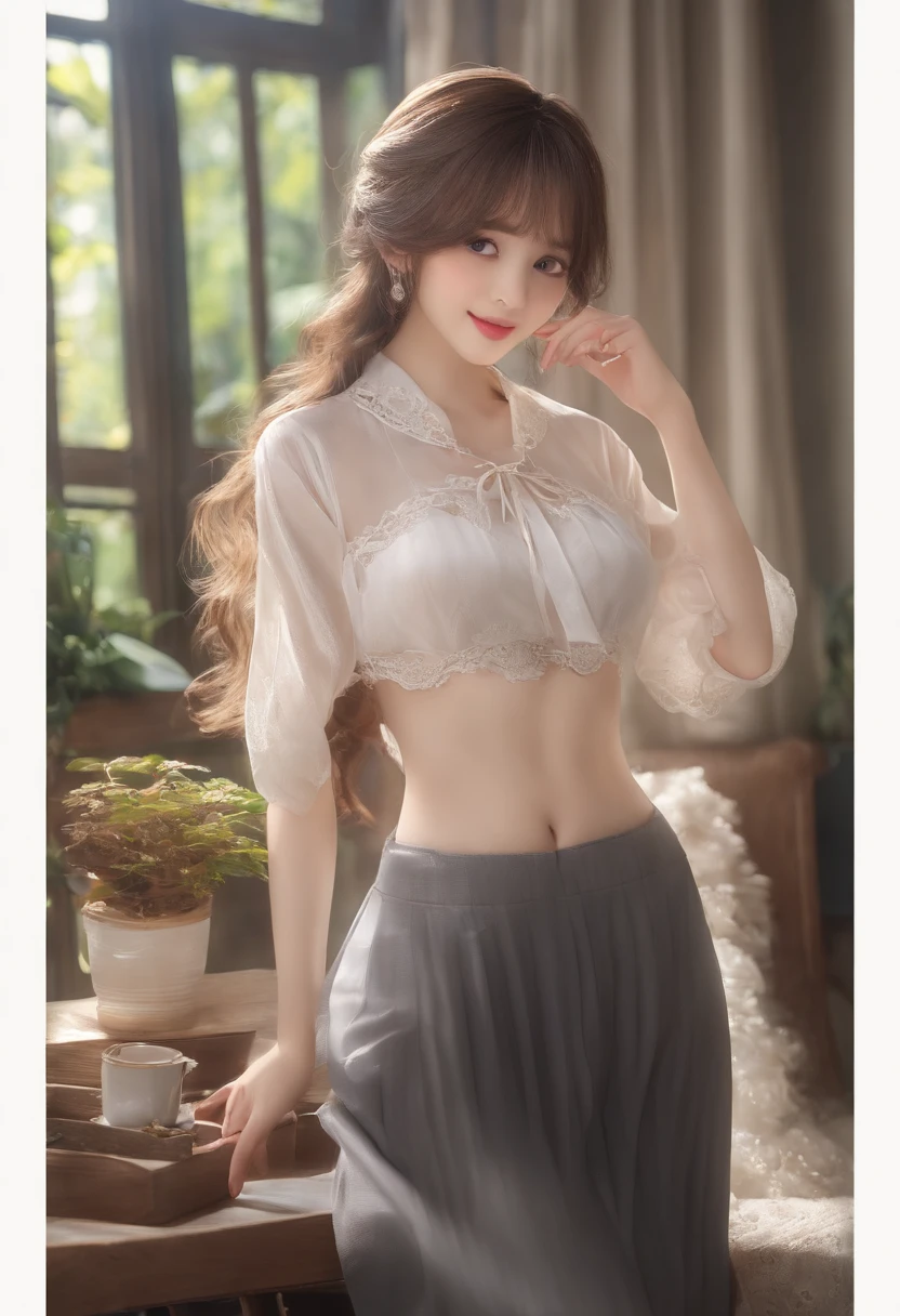 Mature and attractive woman、((Sexy underwear figure))、tie hair into ponytail、A smile, high quality picture, masutepiece, top-quality