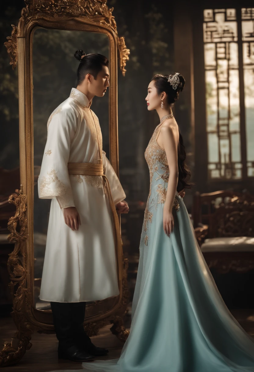 There is a man and a woman posing in front of the mirror, duy beni serial, ruan jia and brom, Ruan Jia and Fenghua Zhong, ruan jian, xianxia fantasy, romantic lead, Background with, jin shan and ross tran, tang mo, inspired by Yang Borun, film promotional image, style arcane tv series,Asian people
