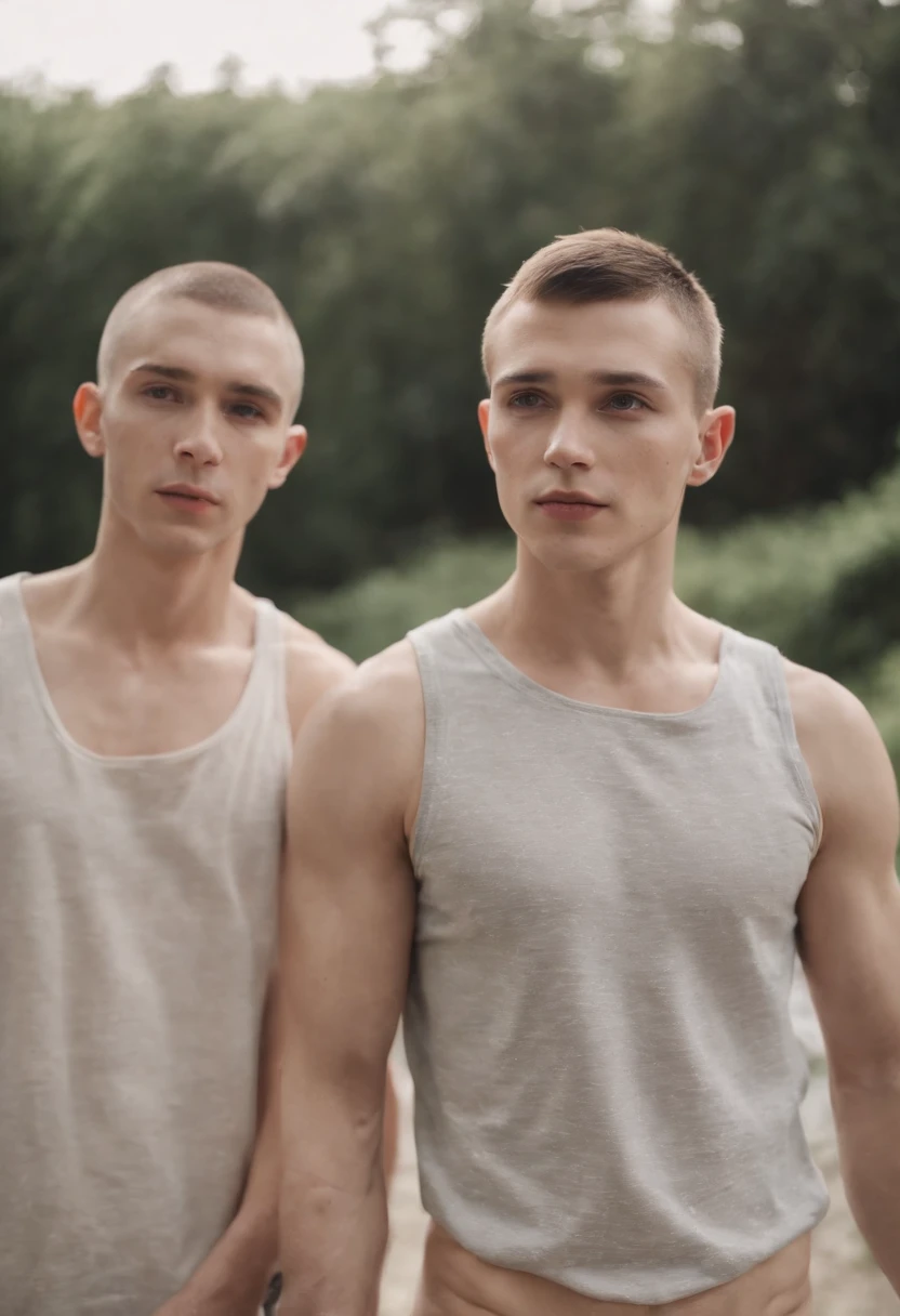 Detailed photo focusing on sensual gay male beauty, very cute very skinny gay horny 18yo military twinks showing off military (cyberpunk cybernetic prosthetics forearms), ((cute military teenboys shirtless)), wearing an army thong with short trimmed pubic hair visible, caring in a military war camp, hyperealistic, 4k, weak, *not muscular), (perfect rendered cute boyish faces) (no blemishes on his face) (foot fetish),