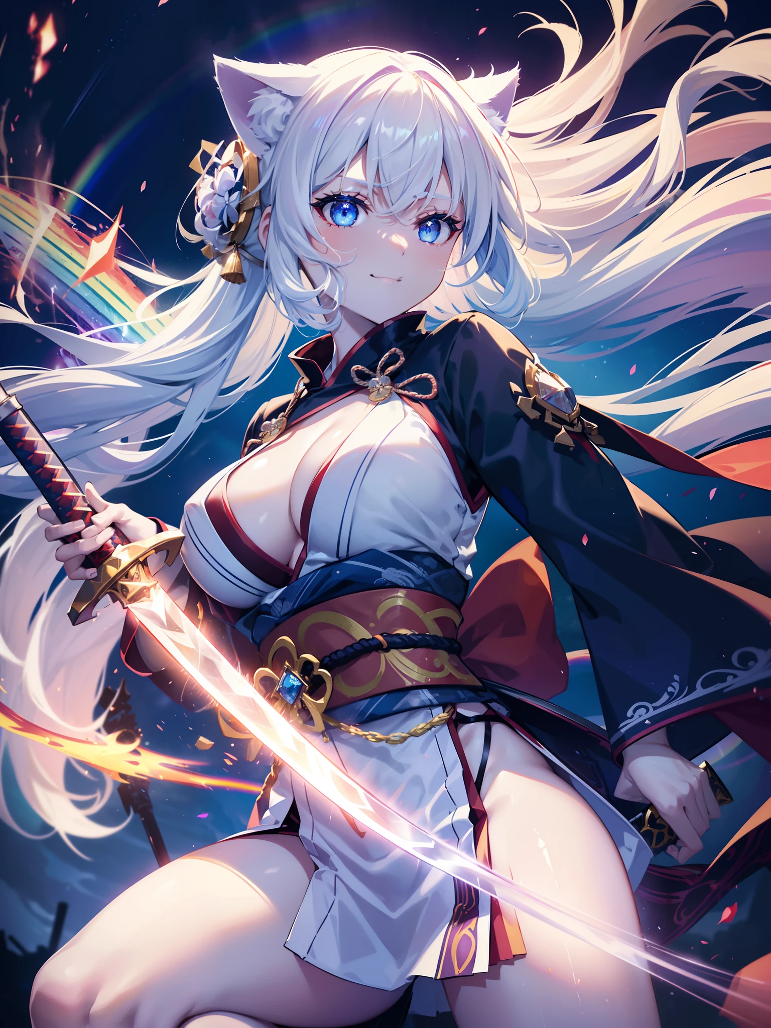 (She has cat ears:1.3),(Sky Eyes 1.3),(Face Focus:1.3), (Melancholy and smile:1.3),(Gentle face:1.3),(long white hair:1.3), hair messy, (Eye color is orange:1.3), (perfectly detailed eyes:1.3),Dynamic Angle,Her skin is pale,(White and blue priestess costume:1.3),(Transverse breasts:1.7),(Dual-wielding combat pose:1.3),(The red glowing samurai sword:1.3),(Sword shining in blue lightning:1.3),She has a samurai sword,dual-wielding,Unleash the Blade of Light,(Colossal tits:1.3),(Chest zoom:1.3),Highest Quality, Raise the railgun, ((sanpaku))(Pubic hair shows through)), (Blue glowing thunder sword:1.3),(Fiery Red Sword:1.3),Countless blades glowing blue,Lens Flare, Big rainbow,The moon shines,Star chips, bloom, ((light glow)), chromatic abberation], Digital Painting, Insane details, Intricate details, Beautifully color graded, Unreal Engine, Cinematic , colour grading, Editorial Photography , Photography, Kiss Shot, Canon 5D Camera Photography,Shot on 70mm lens, Depth of subject, ultra sharpness, nffsw, octane, Unreal, Dramatic light, Global Illumination,Motion Picture Film,rainbow,lensflare,(Rainbow Moon Wave Art:1.3),(Sengoku:1.3),(Agfacolor:1.3),(close portrait:1.3),(Feminine:1.4),(Beautiful:1.4),(Attractive:1.3),Move an angle,Themed Background,