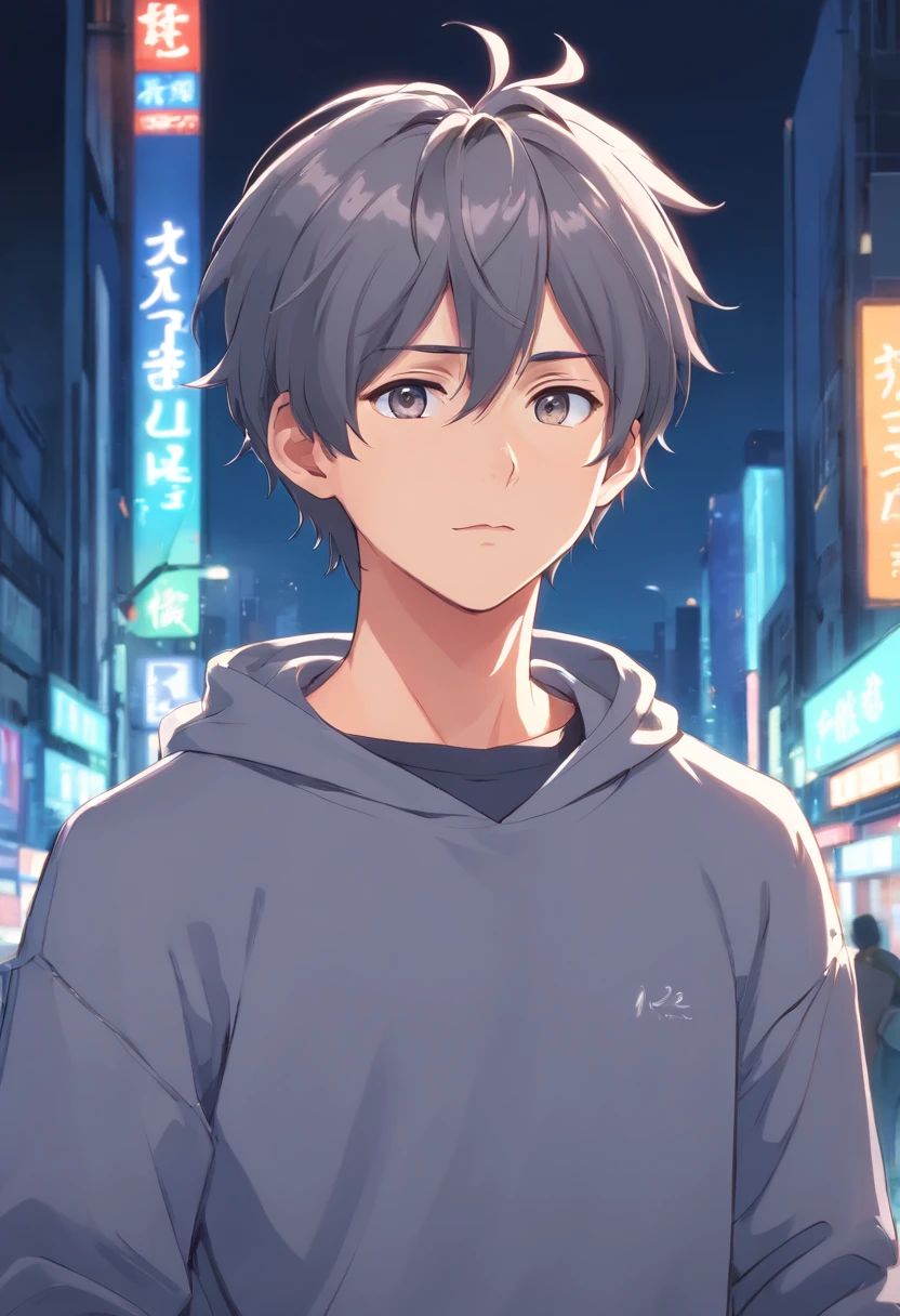 a man guy with dark grey metallic wolfcut hair , grey eyes , wearing sweatshirt