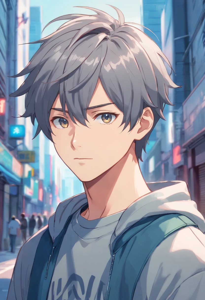 a man guy with dark grey metallic wolfcut hair , grey eyes , wearing sweatshirt