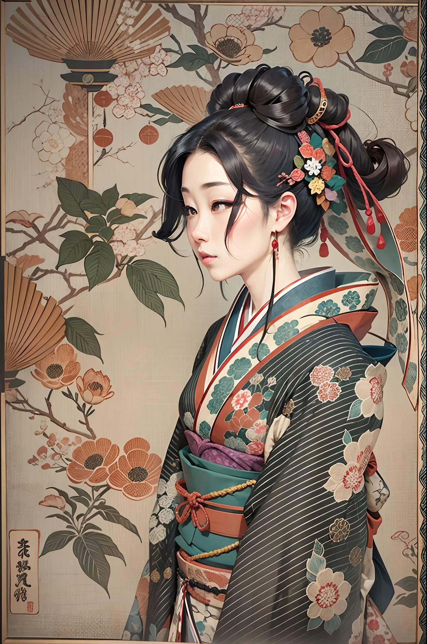 Sharaku,Portrait of a woman,it is centered in the middle of the image, some Japanese effects and embellishments scattered throughout the photo