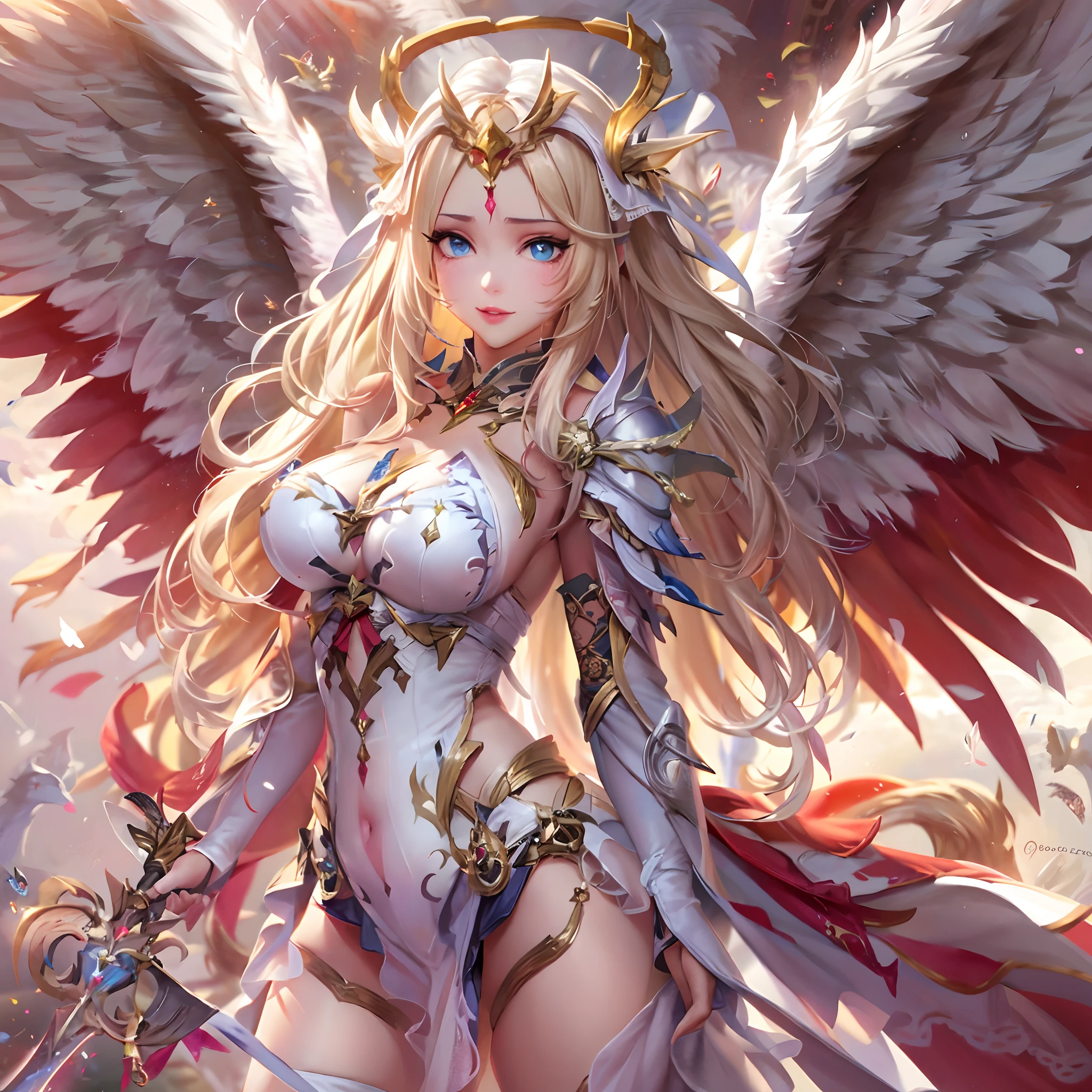 Quality over 8K, a female angel,Sexy,Long Blonde Hair,Anime,Goddess,Symmetrical blue eyes,Ultra detailed eyes,Transparent lingerie,forest,Sword,golden wings,Full body,hyperdetailed lips, hyperdetailed face, Double eyelids, Ultra Detailed feet,で,Beautiful legs,Tight boots,Full Leg Priestess、valkyrie、Angel wings、a navel、sideboob barbosa、with an intricate、Particles of light、thighs thighs thighs thighs、shinny skin、Perfect litthing、1girl in、looking at the viewers、Winged headgear、pelvis curtain、A smile、(​masterpiece)、(top-quality)、Very gigantic-breasts、maternal、Porcelain Skin、honey blonde hair、Very long hair、hair wavy(valkyrie,Paladin:0.6),Angel wings,with an intricate, Perfect Lighting,  Looking at Viewer,(masutepiece), (Best Quality)(valkyrie,Paladin:0.6),Angel wings,with an intricate, Perfect Lighting,  Looking at Viewer,(masutepiece), (Best Quality)(ValkyrieArmor:0.5),(Winged headgear:1.1),School Girl,,with an intricate, Perfect Lighting, 1girl in, Ponytail, Looking at Viewer, Smile, snulight,creek,blazing(masutepiece), (Best Quality),thighs thighs thighs thighs 、a beauty girl，red color mecha，As graceful as a swan，Enchanting，Long grey hair，Red body，Fluorescence line，White hands，lab room，FutureTech，Red indicator light on the body，Full body photo，standing on your feet，dreamy scene，，dyna，super detailing，Cell shade，8K detail post-processing，magnifica，hyperphotorealism，8K，epic composition，intricate-detail，unrealengine，Flying，Laser Cannon，Holy Angel Mecha，Mechanical exoskeleton，whaite hair，golden pupils，flower  sea，Eventide，Angel Maiden，Angel wings，White long skirt，war，Top quality combat stance, 4K, masutepiece :1.3), short petite pretty woman, Blue-haired、Curly hair、length hair、Colossal tits、 Ultra-detailed face、maid clothes、Detailed eyes, sluttish, Pose Seductive,  Smooth skin, (huge-breasted), Round breasts、red blush。kawaii、Shy、1 Crying face、nightcity、Sateen、Kimono without sleeves、A dark-haired、Holding a weapon with blood on it、Looking at the camera、Cherry blossoms are d