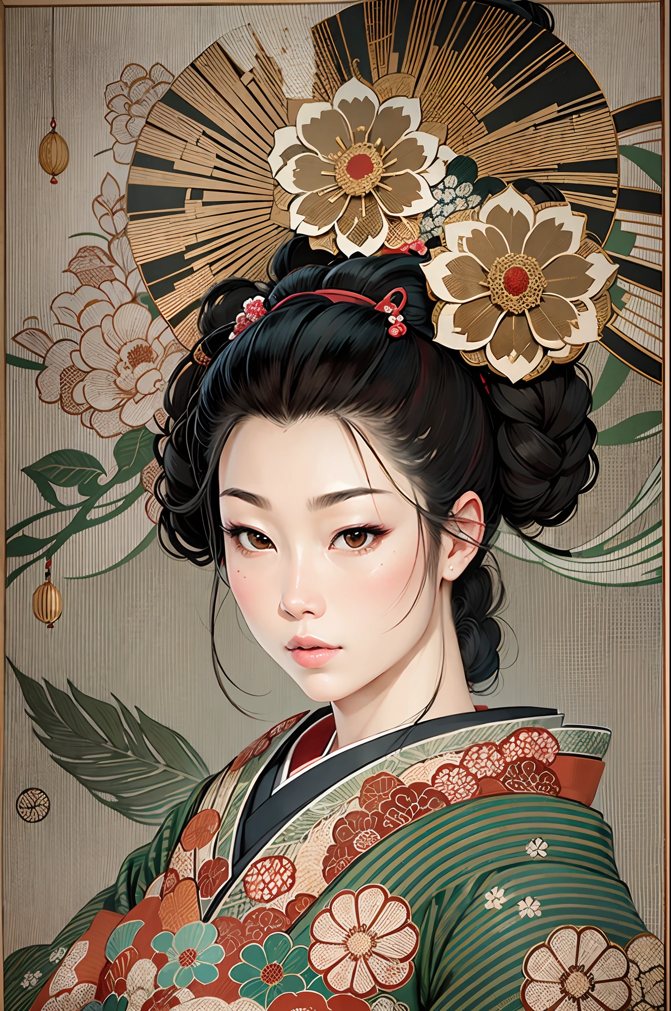 A close up of a woman with a fan and a flower in her hair - SeaArt AI