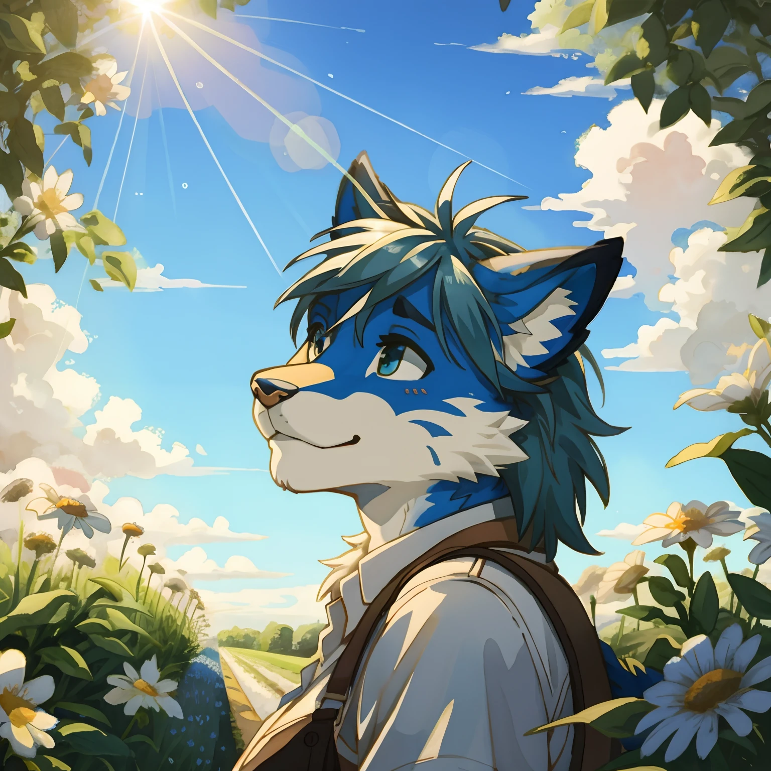 Stacia Burlington style, watercolor, soft color, Vintage images, highres, paid reward available, High-quality illustrations, unparalleled masterpiece(movie of life)Country farm, track, Blue sky and clouds, florals々Beautiful garden(furry anthro:1.7)absurdres(highly detailed beautiful face and eyes)perfect anatomy, expression, caustics, dynamic lighting, lens flare, deep shadow, dynamic angle,