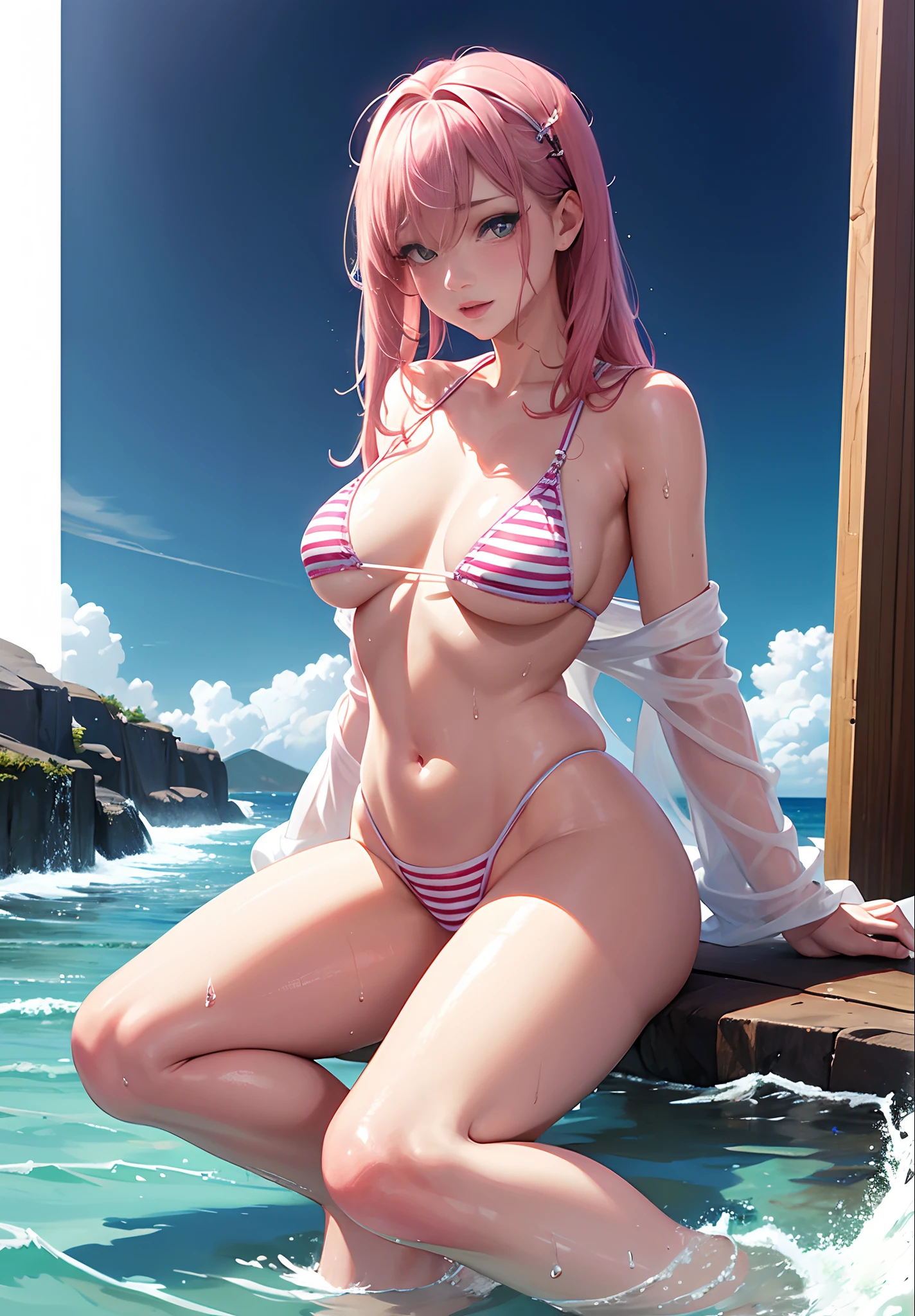 NSFW、Photorealistic super nasty woman、Striped Bikini、droopy big tits、Sit on the sparkling shore、fullllbody、Angled eyes、hair between eye、Hair is messy、Gentle and charming、bare shoulders、Delicate and sexy collarbone、Full length photo、charming oval face、二重まぶた、Pink lips、a small nose、noble、The ultra -The high-definition、The ultra-detailliert、Elegant posture、Ultra-fine translucent wet yarn、Wearing wet see-through ultra-thin panties、glittery skin、Wear sweat、Emphasis on thighs and crotch、cammel toe