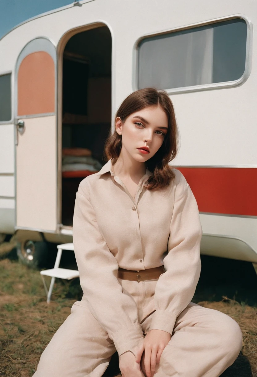 analog photography, grain film, vintage photo, portra 400, flash, in the style of lo-fi aesthetics:: a girl sitting near a camping trailer, light beige and red