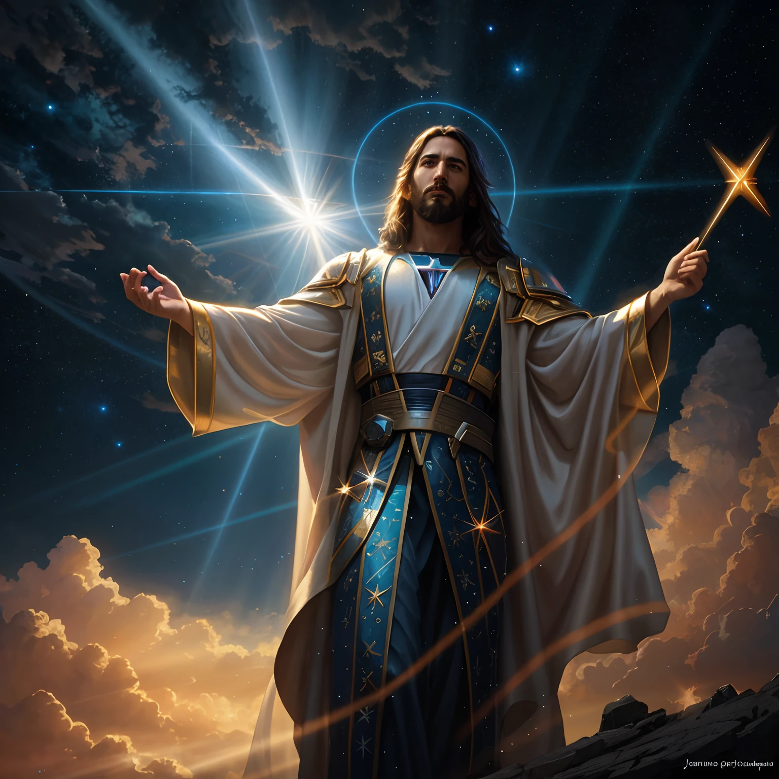 jesus holding a glowing star in his hand in the sky, concept art of god, jesus christ in mass effect, cyberpunk jesus christ, young almighty god, jesus christ, by Justin Gerard, holy sacred light rays, glowing god rays, 4k highly detailed digital art, by Alexander Kucharsky, on cosmic cloudscape, beeple and jeremiah ketner