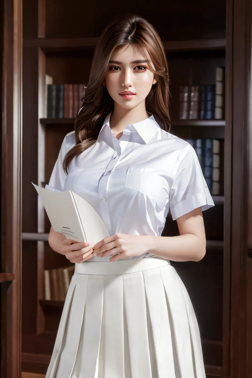 masterpiece, best quality, ultra high res, (photorealistic:1.4), beautiful lighting, RAW photo, 8k uhd, ultra detailed face, realistic lightning, beautiful girl, sweet girl, ((wearing white shirt and long pleated skirt)), library, long shot, shy, hiding face behind book,