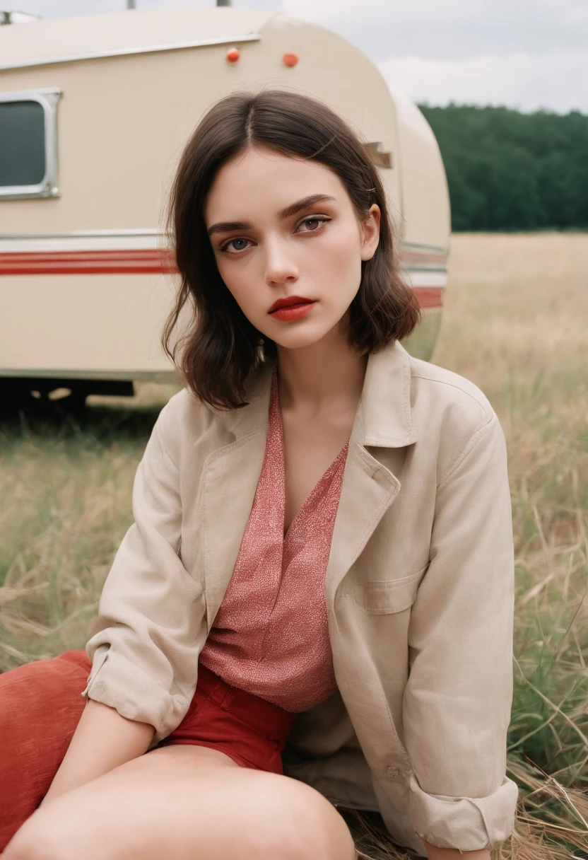 analog photography, grain film, vintage photo, portra 400, flash, in the style of lo-fi aesthetics:: a girl sitting near a camping trailer, light beige and red,medium shot