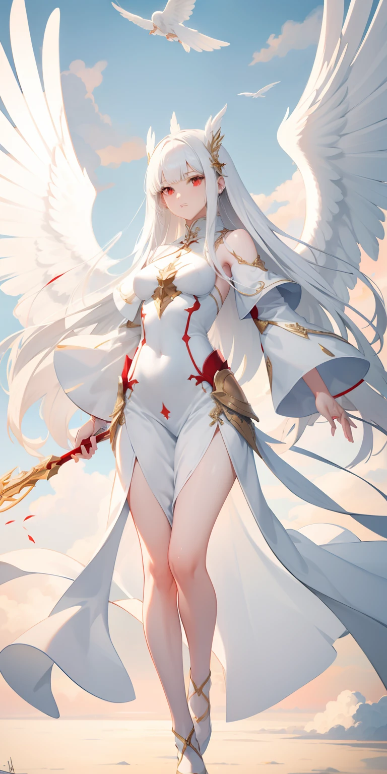 a tall women, white hair with bangs, angelic wings, full body, red eyes,Red tight clothes,sky background,cloud backgroumd