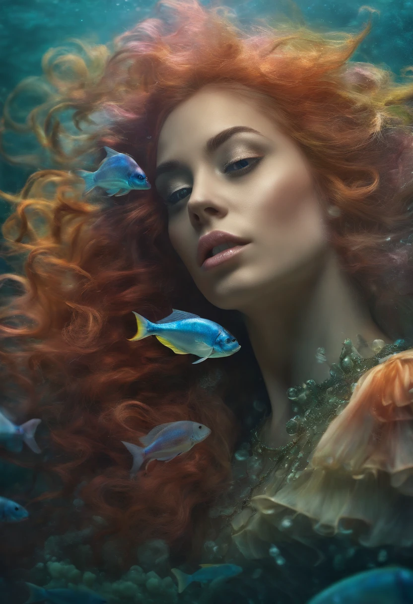 rainbow mermaid,fantasy creature (mermaid:1.1),underwater scenery,ocean depths,beautiful detailed eyes,beautiful detailed lips,sparkling scales,flowing colorful hair,finely detailed fish tail,magical underwater lighting,calm and serene atmosphere,peaceful underwater kingdom,dreamlike setting,floating seaweed and coral,fascinating marine life,vibrant and bright colors,natural sunlight filtering through the water,iridescent jellyfish dancing around,playful and gentle sea creatures,ethereal and enchanting presence,mythical and mysterious aura.