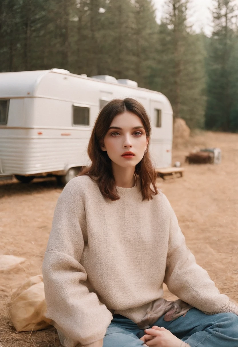 analog photography, grain film, vintage photo, portra 400, flash, in the style of lo-fi aesthetics:: a girl sitting near a camping trailer, light beige and red，upper body