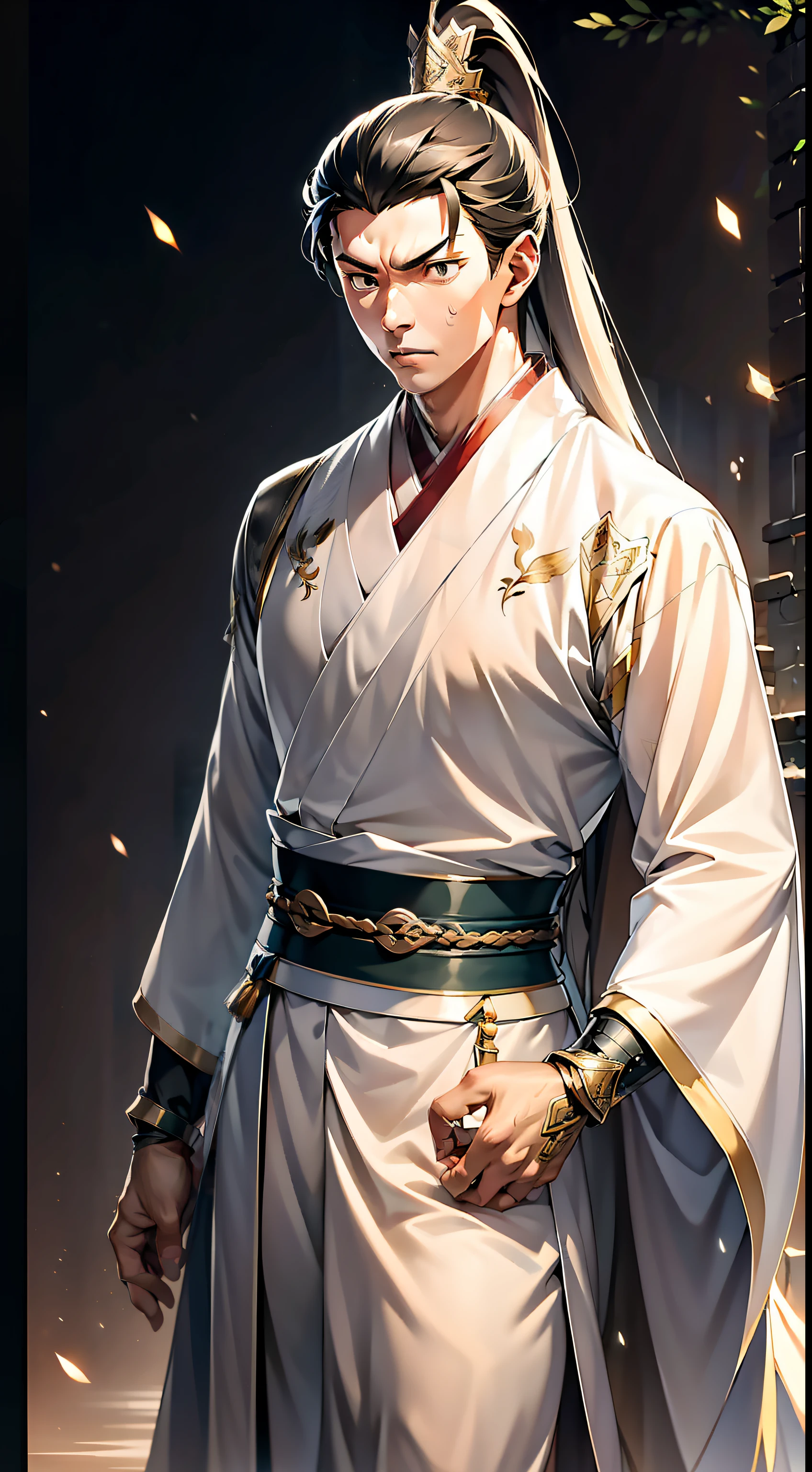 quadratic element,style of anime,mtu(Male Warrior),The proportions are correct,Face details,swordsmen,High ponytail hairstyle,Neck details,There is an Adam's apple,Black Hanfu,kaftan,Embroidered robes,Black robe,clothes details,Handing over,longer sleeves,Game quality,Swordsmanship,Light and shadow tracking,Ray traching,detailed glow,cg render,hair detail,long white hair,Black eyes,Handsome,Handsome,(juvenile sense),Clothing is complicated,Perfectcomposition,Refinement,high qulity,higher details,Lots of details,The background is complex,a sense of atmosphere,