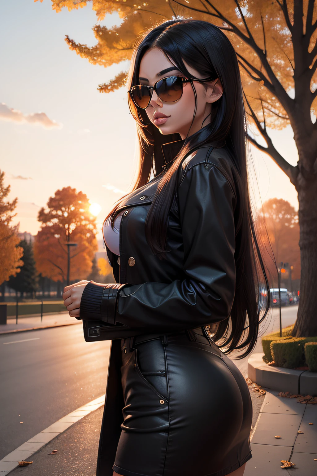 beautiful woman, perfect eyes, perfect face, perfect skin, perfect lips, blue long straight hair ponytail, slim waist, fat thighs, big ass, fat ass, big breasts, in the park, sunlight, shadow, wearing thight ripped black jeans a opened black leather jacked and a black bra under the jacket, high quality