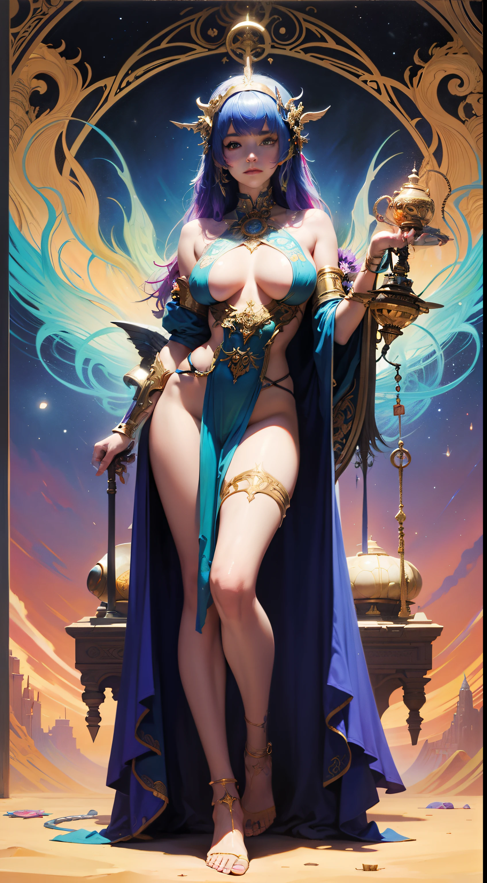 Collage Artwork,Painting,tarot,Fantasy,NSFW, girl,Female at Fed Image,weapons,Art Nouveau, Beeple and Jeremiah Ketner, psychedelic goddess, Beeple and Alphonse Mucha,Klimt, jen bartel, Psychedelic organic cyborg,punk, Kilian en vivid colors, high priestess,Vivid,Best Quality,masutepiece
