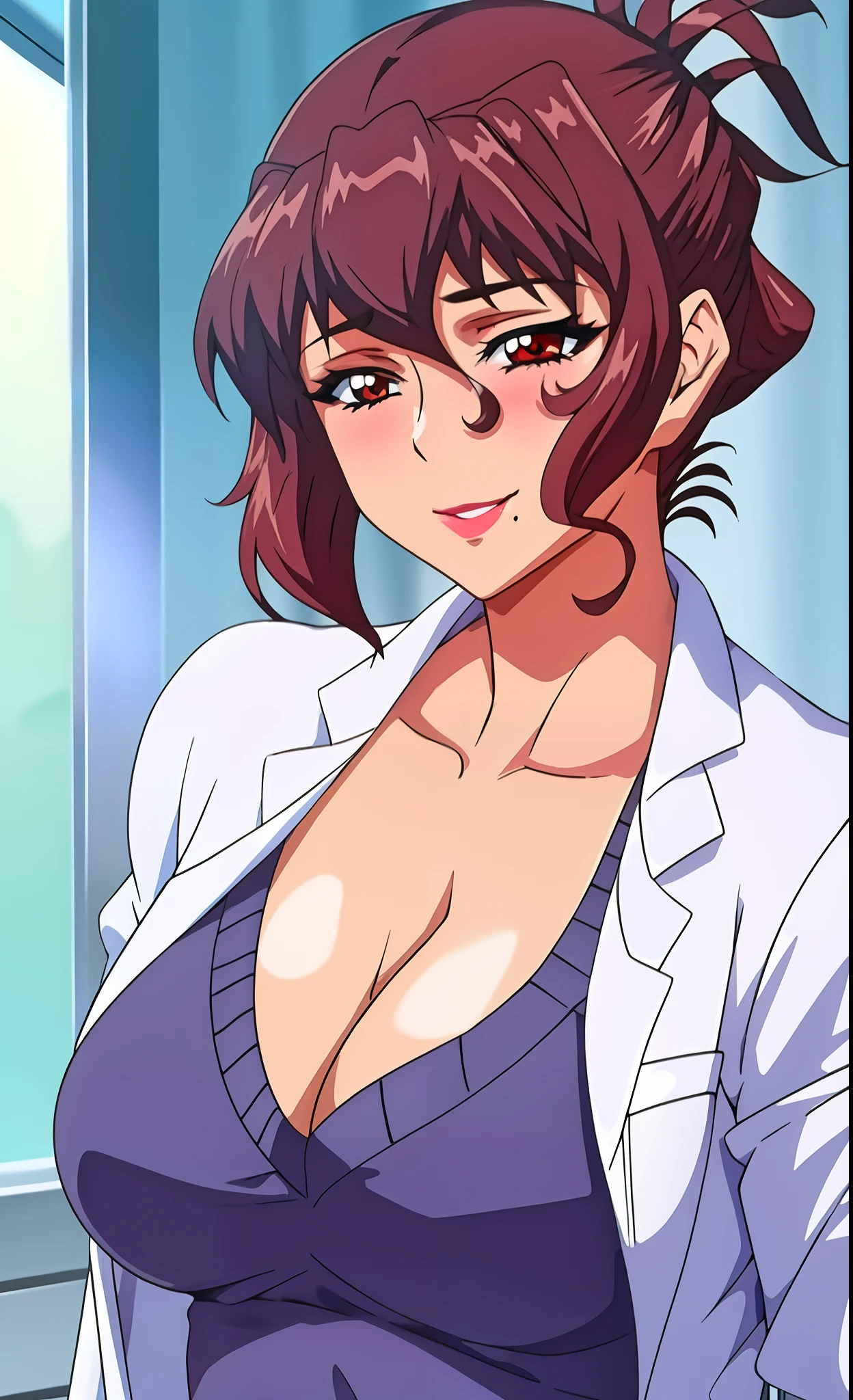 (beautiful hand:1.2), (masterpiece, best quality:1.3), Aiko Katsuragi, mature female, beautiful face, pretty face, (half body shot:1.05), 1girl, makeup, big breasts, lipstick, brown glowing eyes, folded ponytail, brown hair, cleavage, perfect body, (sexy body:1.3), (doctor, labcoat:1.2),  perfect eyes, perfect retina, blushed, eyeliner, eyeshadow, perfect face, smile (caring look:1.1), look at viewer, high sharpness, sharp focus, medical room, professional artwork, intricate details, vivid colors, Diffused lighting, digital blending, ultra detailed body, ultra detailed hair, ultra detailed face, trending on pixiv, for desktop wallpaper, flawless drawn