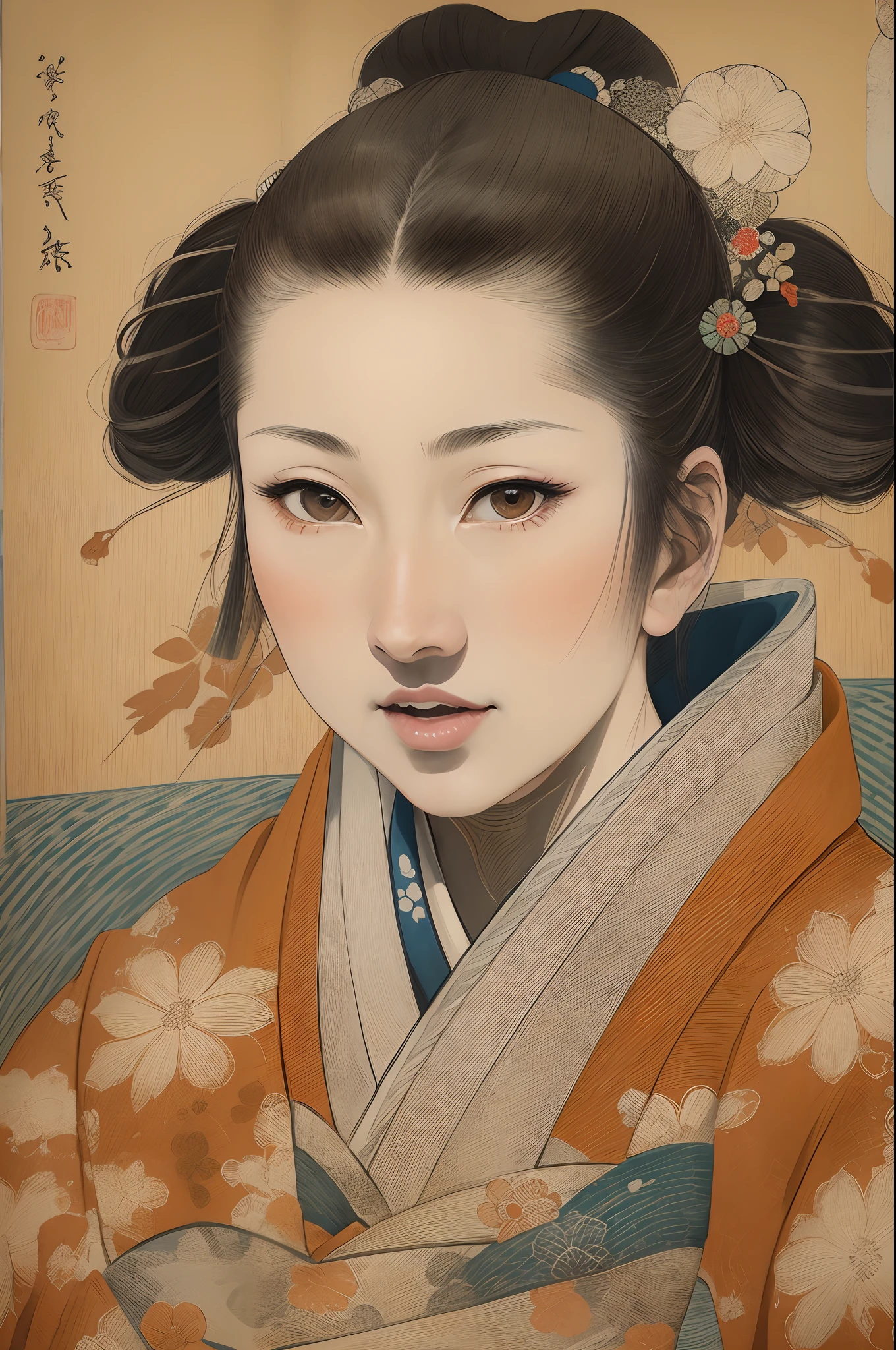 Sharaku,Portrait of a woman,it is centered in the middle of the image, some Japanese effects and embellishments scattered throughout the photo