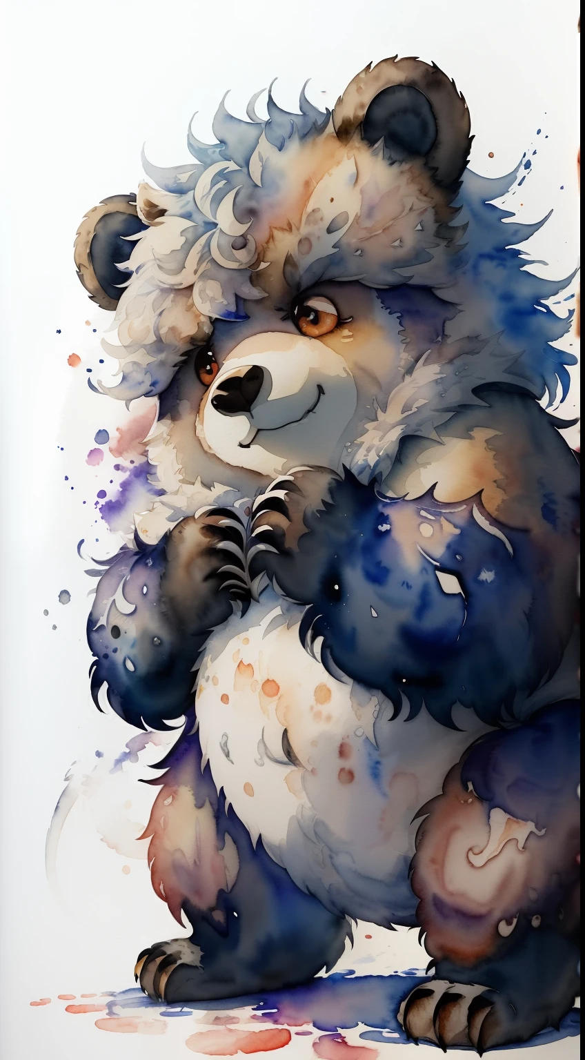 Make your images look like Halloween monsters.、(masterpiece)、(top-quality:1.1)、(ultra-detailliert:1.1)、Best Illustration、detaile、(watercolor paiting:1.4)、(handdraw:1.2)、(Watercolor brush bristles)、A bear-like monster covered with hair all over its body、Gentle expression、