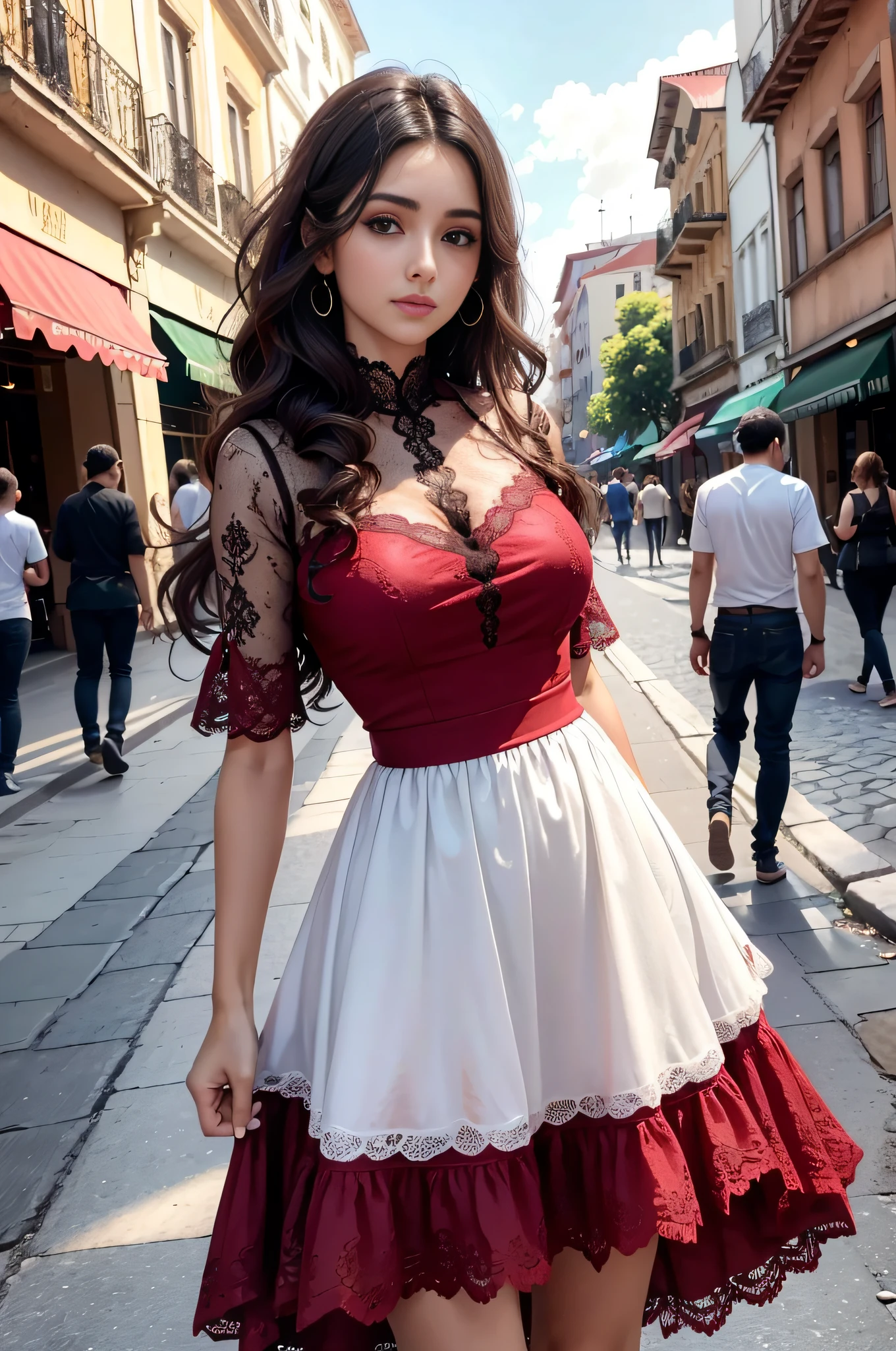 1 mulher posando na esquina da rua com vestido vermelho, HDR , melhor qualidade, alta resolução, 8k, 1girl, (seios enormes), dia, brilhante, ao ar livre, (rua: 0.8), (pessoas, crowds: 1), (classic lace dress : 1.5, roupas rosas: 1.5, vestido vermelho de gola alta: 1.5, vestido sem mangas, vestido vermelho , joias , luxo , adornos no cabelos: 1.5), lindo, (mid hair), beautiful detailed sky, brincos bonitos, (dinamic pose: 0.8), (parte superior do corpo: 1.2), soft-lighting, vento, pele brilhante, olhando para o espectador, meiga ,