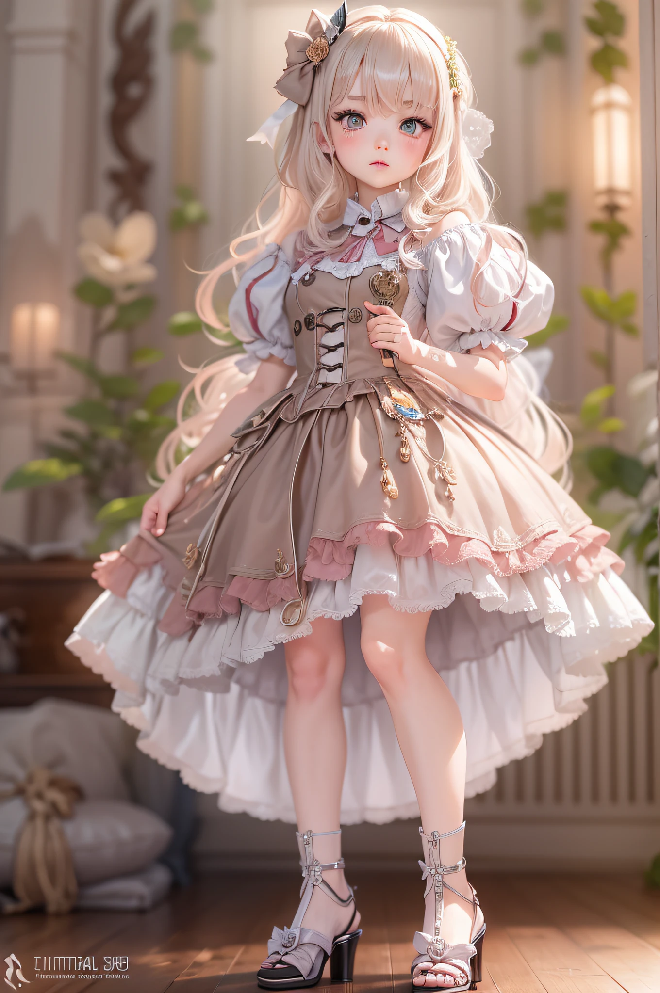 1 girl with ,Age 18 years,standing on your feet,Wearing Lolie proud,Feminized facial features,Straight hair,A calm posture,Porcelain-like skin,Subtle blush,a white wall,Characters shrink,fully body photo,Wear high heels(((tmasterpiece),(Very detailed CG unity 8K wallpaper),best qualtiy,,独奏,1girll,cinmatic lighting,detailed back ground,,ultra - detailed,tmasterpiece,)),ultra - detailed,offcial art,统一 8k 壁纸,2.5D thick coating,