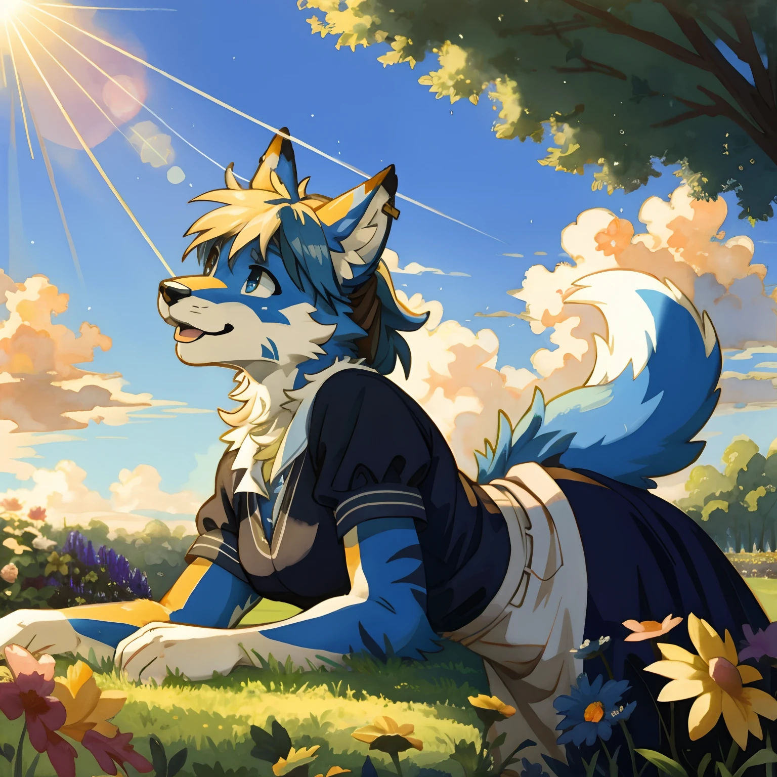 Stacia Burlington style, watercolor, soft color, Vintage images, highres, paid reward available, High-quality illustrations, unparalleled masterpiece(movie of life)Country farm, track, Blue sky and clouds, florals々Beautiful garden(furry anthro:1.7)absurdres(highly detailed beautiful face and eyes)perfect anatomy, expression, caustics, dynamic lighting, lens flare, deep shadow, dynamic angle,