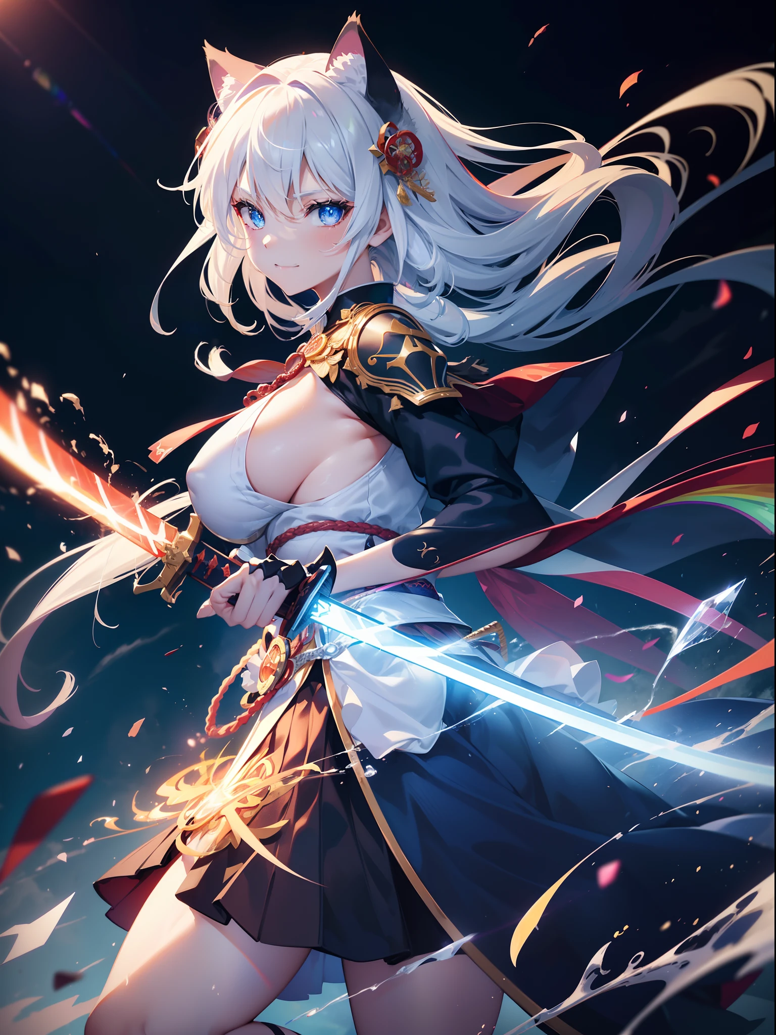 (She has cat ears:1.3),(Sky Eyes 1.3),(Face Focus:1.3), (Melancholy and smile:1.3),(Gentle face:1.3),(long white hair:1.3), hair messy, (Eye color is orange:1.3), (perfectly detailed eyes:1.3),Dynamic Angle,Her skin is pale,(White and blue priestess costume:1.3),(Transverse breasts:1.7),(Dual-wielding combat pose:1.3),(The red glowing samurai sword:1.3),(Sword shining in blue lightning:1.3),She has a samurai sword,dual-wielding,Unleash the Blade of Light,(Colossal tits:1.3),(Chest zoom:1.3),Highest Quality, Raise the railgun, ((sanpaku))(Pubic hair shows through)), (Blue glowing thunder sword:1.3),(Fiery Red Sword:1.3),Countless blades glowing blue,Lens Flare, Big rainbow,The moon shines,Star chips, bloom, ((light glow)), chromatic abberation], Digital Painting, Insane details, Intricate details, Beautifully color graded, Unreal Engine, Cinematic , colour grading, Editorial Photography , Photography, Kiss Shot, Canon 5D Camera Photography,Shot on 70mm lens, Depth of subject, ultra sharpness, nffsw, octane, Unreal, Dramatic light, Global Illumination,Motion Picture Film,rainbow,lensflare,(Rainbow Moon Wave Art:1.3),(Sengoku:1.3),(Agfacolor:1.3),(close portrait:1.3),(Feminine:1.4),(Beautiful:1.4),(Attractive:1.3),Move an angle,Themed Background,