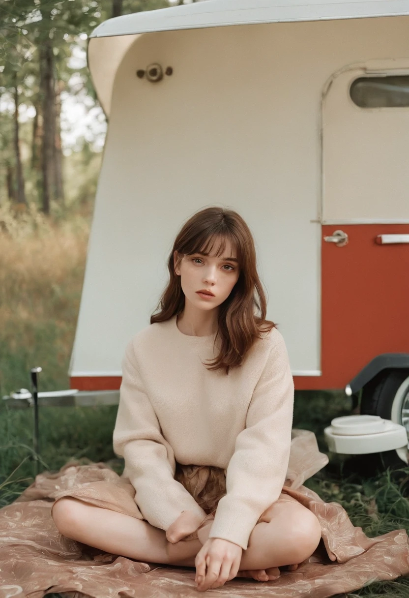 analog photography, grain film, vintage photo, portra 400, flash, in the style of lo-fi aesthetics:: a girl sitting near a camping trailer, light beige and red, half body shot,