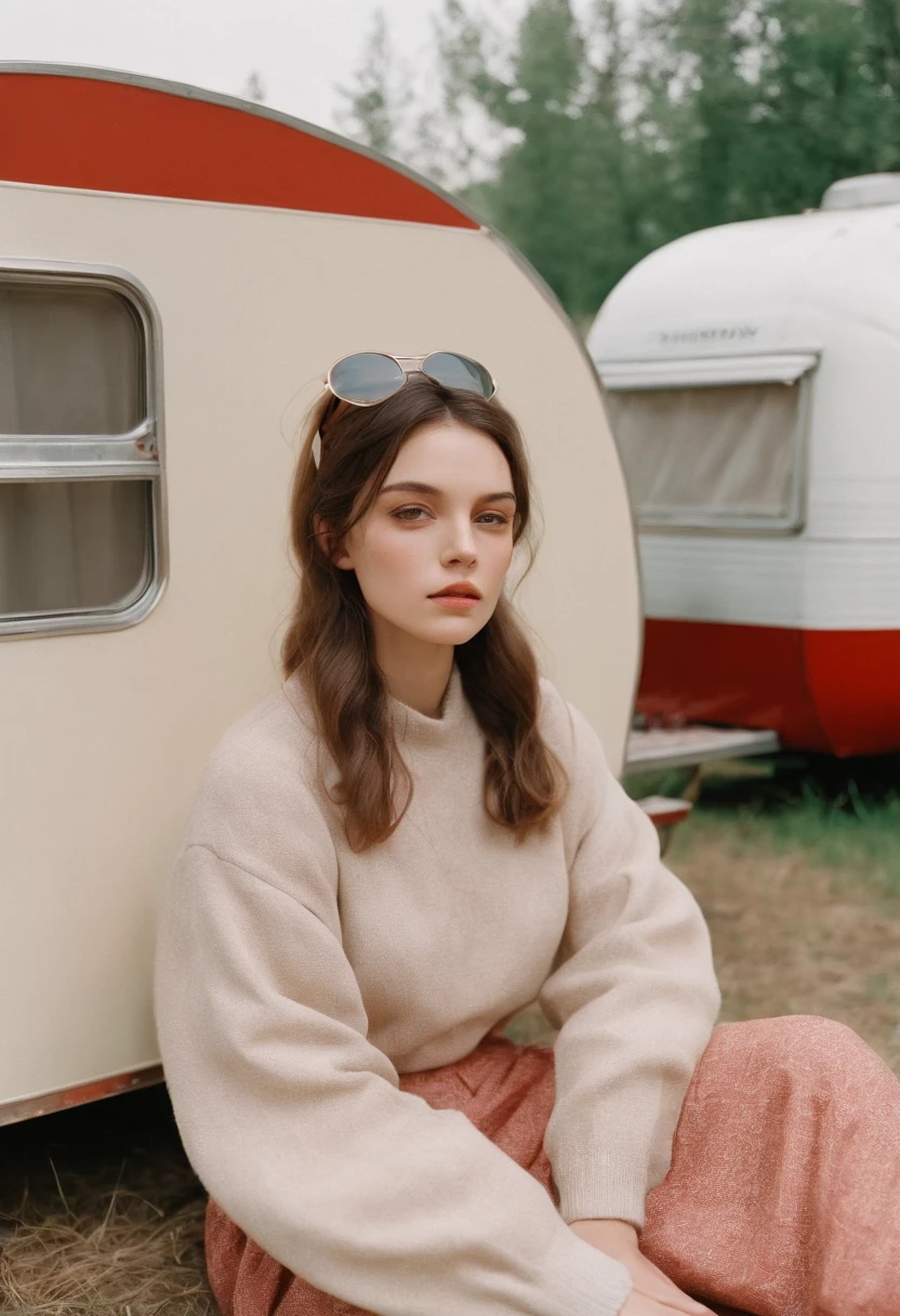 analog photography, grain film, vintage photo, portra 400, flash, in the style of lo-fi aesthetics:: a girl sitting near a camping trailer, light beige and red, half body shot,