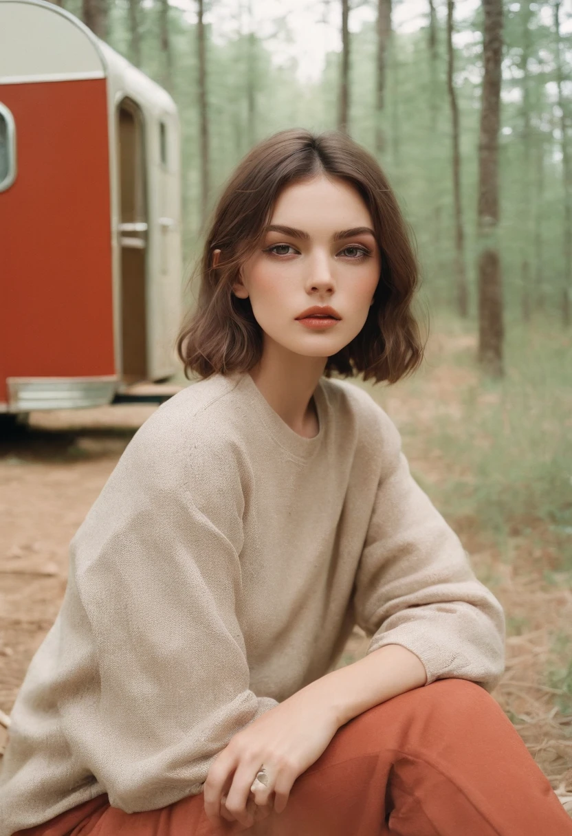 analog photography, grain film, vintage photo, portra 400, flash, in the style of lo-fi aesthetics:: a girl sitting near a camping trailer, light beige and red, half body shot,