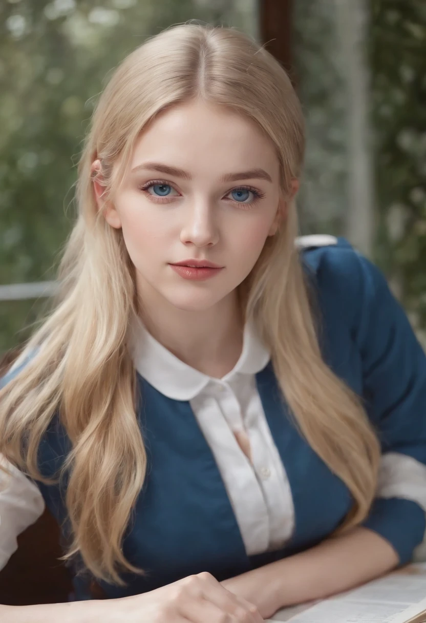 1 girl, hyperrealistic, school girl, uniform, 20 years old, very beatifull, blue eyes, blonde hair, open legs, naked legs, naked tits, , on desk, backround flue, 8k, touching legs, open  and ass, ,