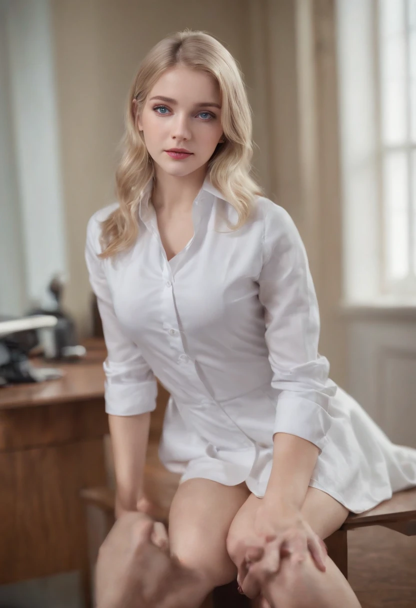 1 girl, hyperrealistic, school girl, uniform, 20 years old, very beatifull, blue eyes, blonde hair, open legs, naked legs, naked tits, , on desk, backround flue, 8k, touching legs, open and ass, ,