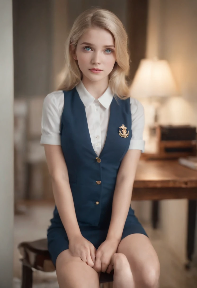 1 girl, hyperrealistic, school girl, uniform, 20 years old, very beatifull, blue eyes, blonde hair, open legs, naked legs, naked tits, , on desk, backround flue, 8k, touching legs, open and ass, ,