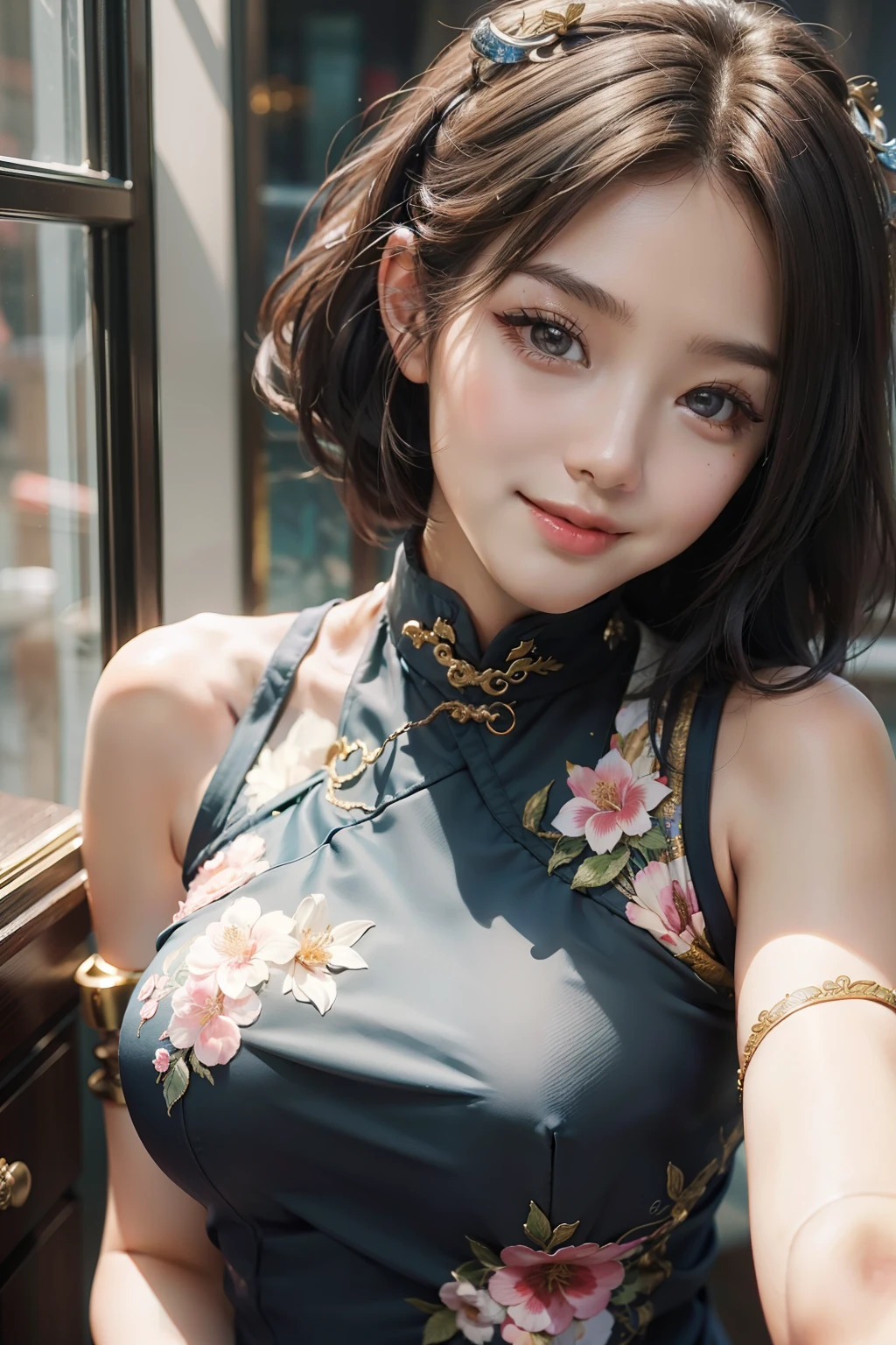 (masterpiece), (best quality), 8k resolution, 1girl, stunning beauty, perfect face, smile, mature female, 30yo, sexy, cheongsam