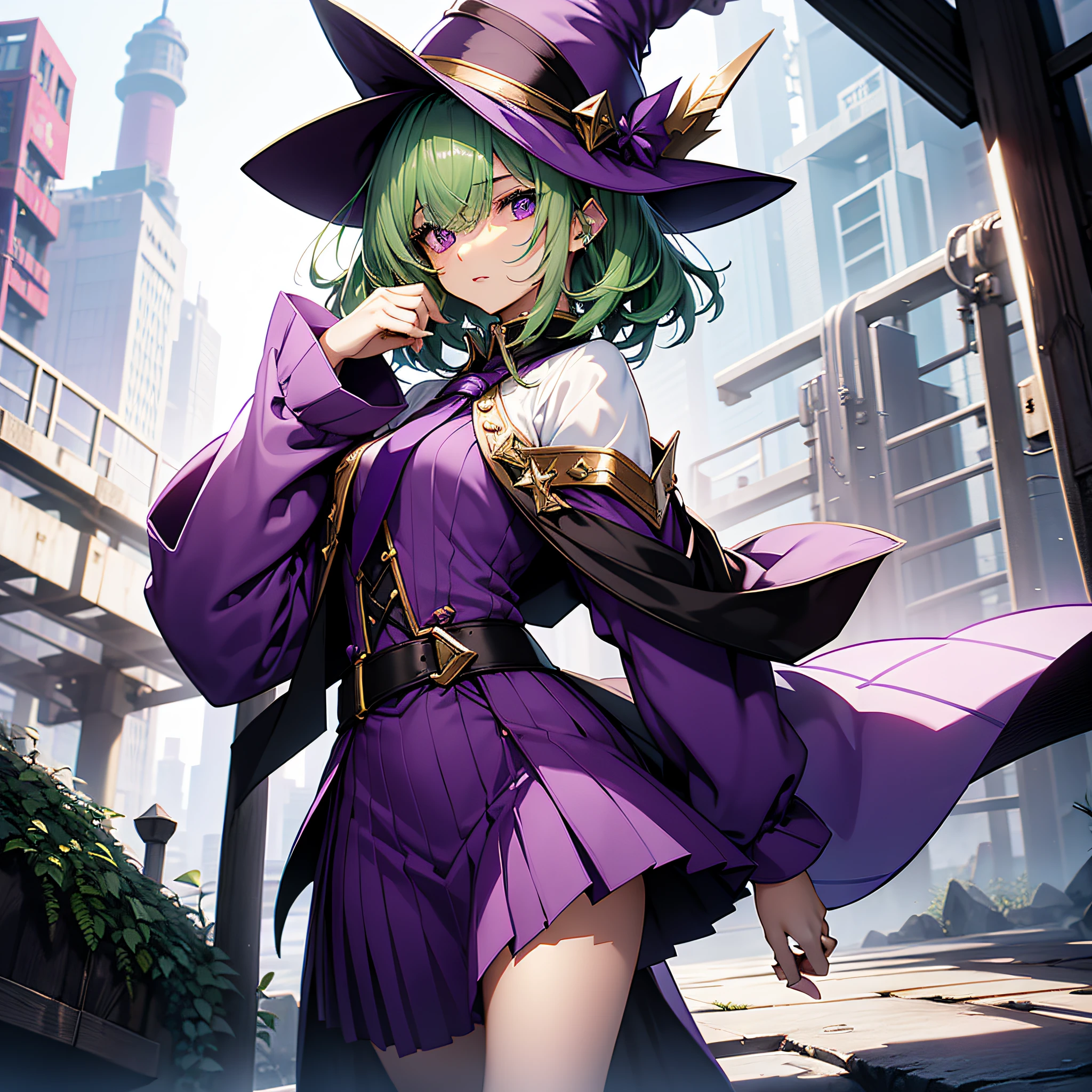 top-quality、extremely delicate and beautiful、(A teenage girl)、Purple Eye、Green hair、short-haired、(Purple pointy hat)、Purple tie、Soio、shortsleeves、Purple skirt、Purple Wizard Robe、Navel、is standing