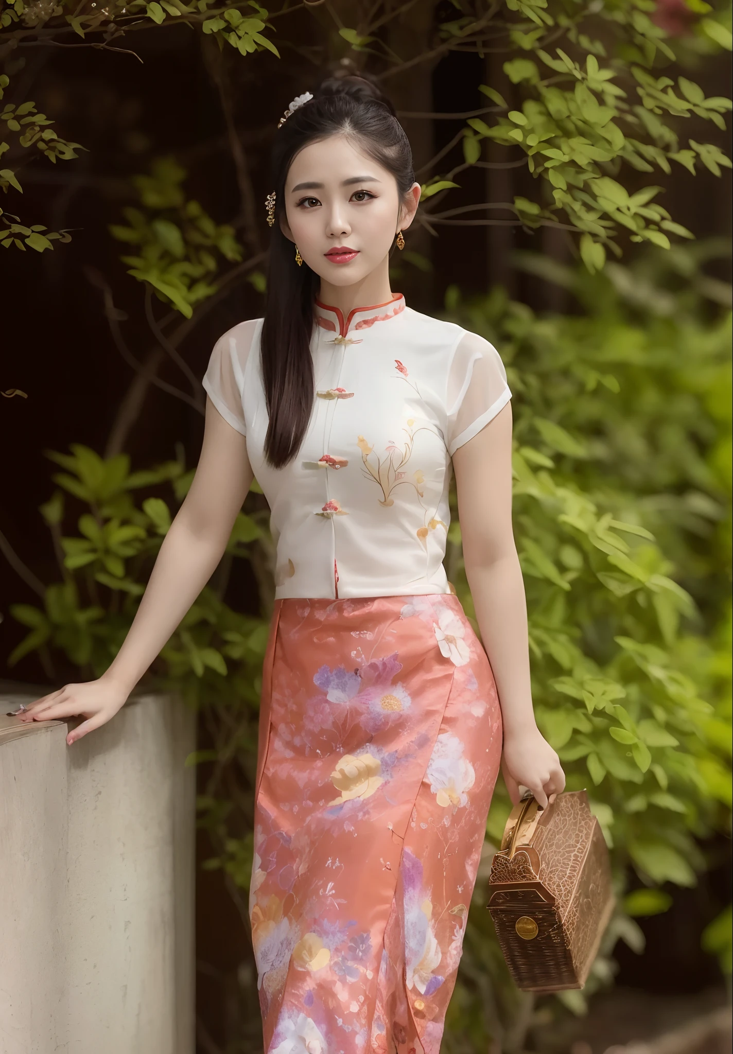 arafed asian woman in a floral skirt and a white blouse, in style of lam manh, traditional beauty, traditional chinese, traditional chinese clothing, cheongsam, dilraba dilmurat, chinese style, in style of thawan duchanee, sukhothai costume, ruan jia beautiful!, chinese girl, chinese dress, inspired by Lan Ying