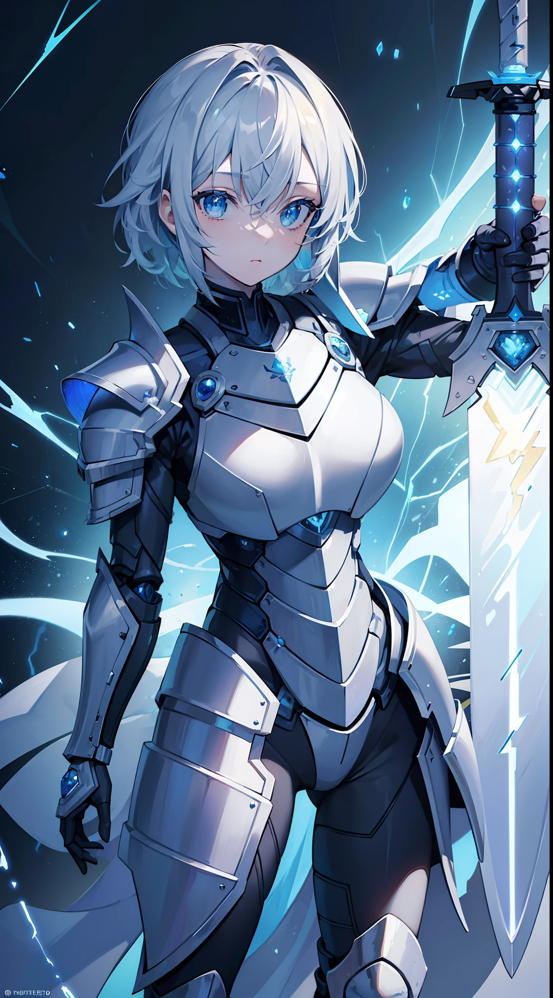(masterpiece:1.5) (bestquality) highlydetailed, ultra-detailed, (blue skin), (no pupils), (half mechanical armor), (electricity), (giant sword)
