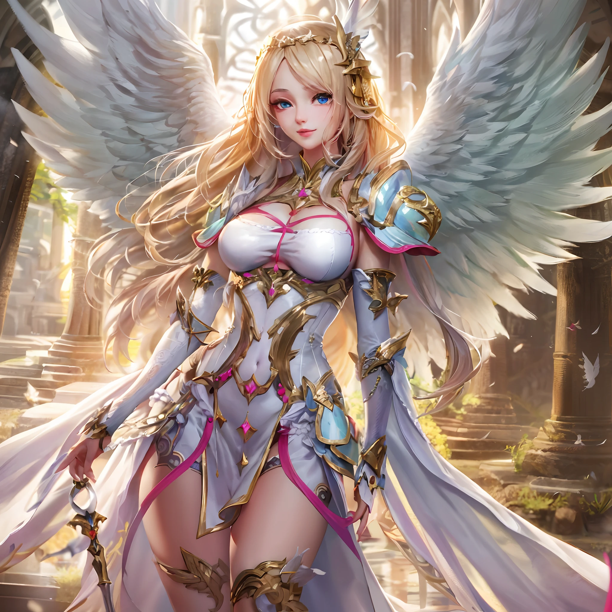 Quality over 8K, a female angel,Sexy,Long Blonde Hair,Anime,Goddess,Symmetrical blue eyes,Ultra detailed eyes,Transparent lingerie,forest,Sword,golden wings,Full body,hyperdetailed lips, hyperdetailed face, Double eyelids, Ultra Detailed feet,で,Beautiful legs,Tight boots,Full Leg Priestess、valkyrie、Angel wings、a navel、sideboob barbosa、with an intricate、Particles of light、thighs thighs thighs thighs、shinny skin、Perfect litthing、1girl in、looking at the viewers、Winged headgear、pelvis curtain、A smile、(masterpiece)、(top-quality)、Very gigantic-breasts、maternal、Porcelain Skin、honey blonde hair、Very long hair、hair wavy(valkyrie,Paladin:0.6),Angel wings,with an intricate, Perfect Lighting, Looking at Viewer,(masutepiece), (Best Quality)(valkyrie,Paladin:0.6),Angel wings,with an intricate, Perfect Lighting, Looking at Viewer,(masutepiece), (Best Quality)(ValkyrieArmor:0.5),(Winged headgear:1.1),School Girl,,with an intricate, Perfect Lighting, 1girl in, Ponytail, Looking at Viewer, Smile, snulight,creek,blazing(masutepiece), (Best Quality),thighs thighs thighs thighs 、a beauty girl,red color mecha,As graceful as a swan,Enchanting,Long grey hair,Red body,Fluorescence line,White hands,lab room,FutureTech,Red indicator light on the body,Full body photo,standing on your feet,dreamy scene,,dyna,super detailing,Cell shade,8K detail post-processing,magnifica,hyperphotorealism,8K,epic composition,intricate-detail,unrealengine,Flying,Laser Cannon,Holy Angel Mecha,Mechanical exoskeleton,whaite hair,golden pupils,flower sea,Eventide,Angel Maiden,Angel wings,White long skirt,war,Top quality combat stance, 4K, masutepiece :1.3), short petite pretty woman, Blue-haired、Curly hair、length hair、Colossal tits、 Ultra-detailed face、maid clothes、Detailed eyes, sluttish, Pose Seductive, Smooth skin, (huge-breasted), Round breasts、red blush。kawaii、Shy、1 Crying face、nightcity、Sateen、Kimono without sleeves、A dark-haired、Holding a weapon with blood on it、Looking at the camera、Cherry blossoms are d