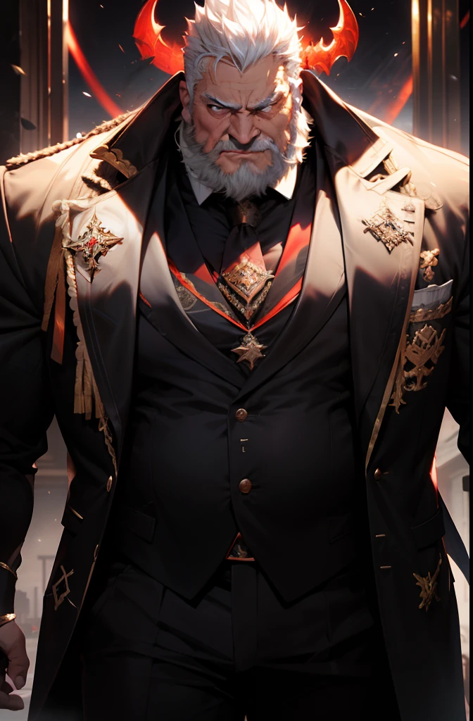 old man, bara,admiral, thick body,fat,ornate suit,long tie,luxury,devil sign on forehead,white beard,white hair,handsome, sharp gaze, in cage,glowing red eyes,big eyes, big bulge, standing, hide hands behind hip, hd quality, masterpiece, extremely detailed, looking to the viewer, perspective view, UHD, 64k, unreal.(highly detailed skin), (detailed face), detailed background, dark lighting, twilight lighting, volumetric lighting, intricate details, UHD, evil, corrupted, controlled by devil