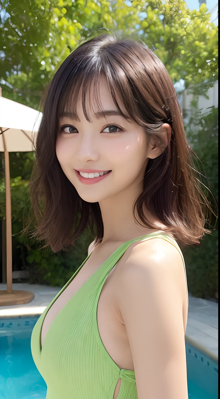 ((top-quality、8K、masterpiece:1.3))、foco nítido:1.2、Beautiful woman with perfect body shape:1.4、Upper body view、Slim abs:1.2、(Layered Hair Style:1.2))、Street:1.2、Garden pool background、wetbody:1.1、Draw a circle with both hands、Highly detailed facial and skin texture、A detailed eye、二重まぶた、small tit、A big smile、japanes、Light green swimsuit、short-hair