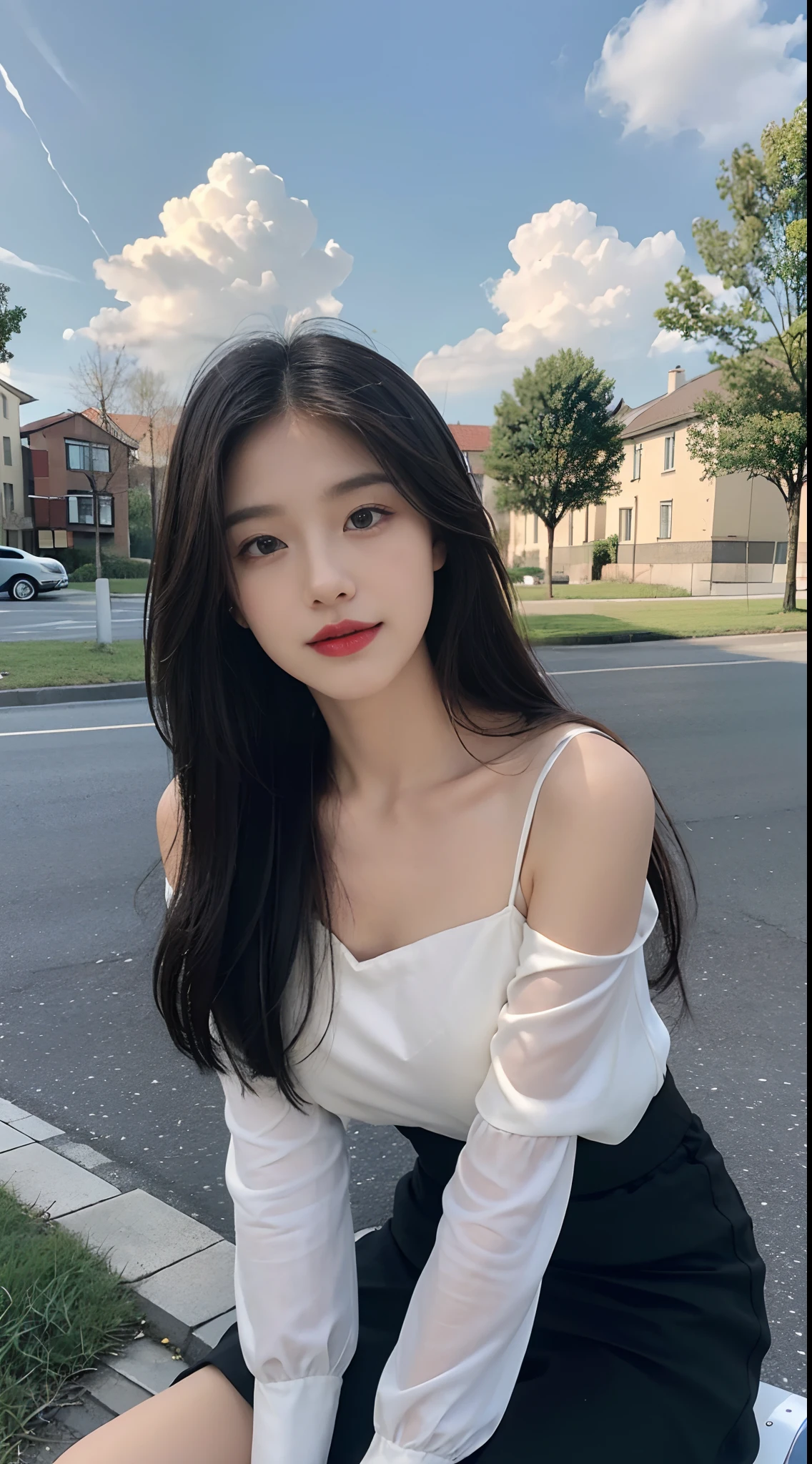 ((Best Quality, 8K, Masterpiece:1.3)), A beautiful girl, pure, melon face, gentle and cute, sweet smile, pure desire, thin figure, (frontal), (tilted head), looking directly at the camera, uniform, obi, formal, black silky long straight hair, long hair flowing over the shoulders, round black big eyes, clear big eyes, moist red lips, sweet, sitting on the side of the road, blue sky and white clouds, grass, buildings,