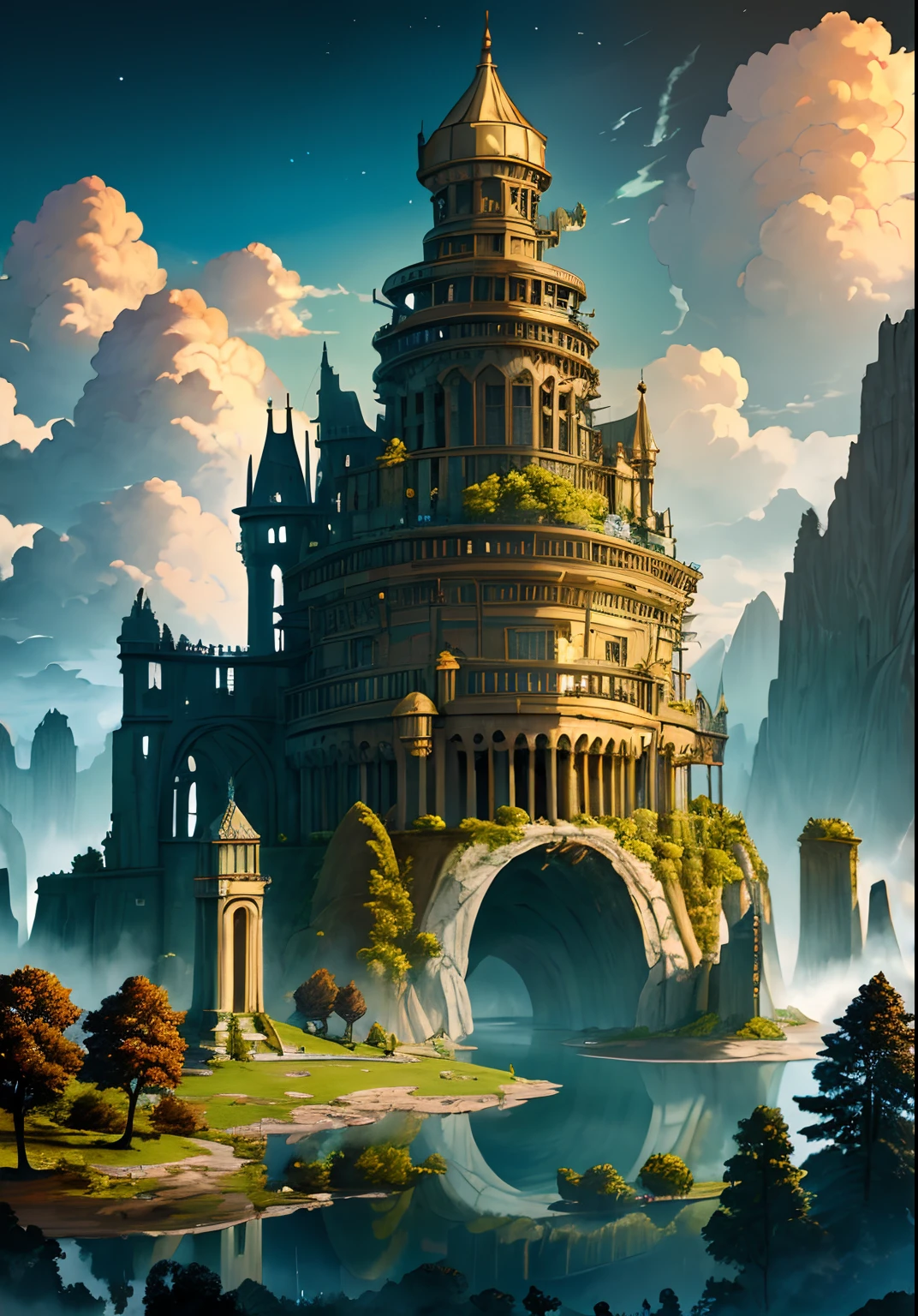 (masterpiece, best quality:1.5), absurdres, intricate details, 8k, fantasy, retro artstyle, LODBG, no humans, outdoors, cloud, water, tree, glowing, nature, scenery, science fiction, volumetric lighting, perfect composition, highly detailed, extremely detailed landscape, (hyper detailed), ruins