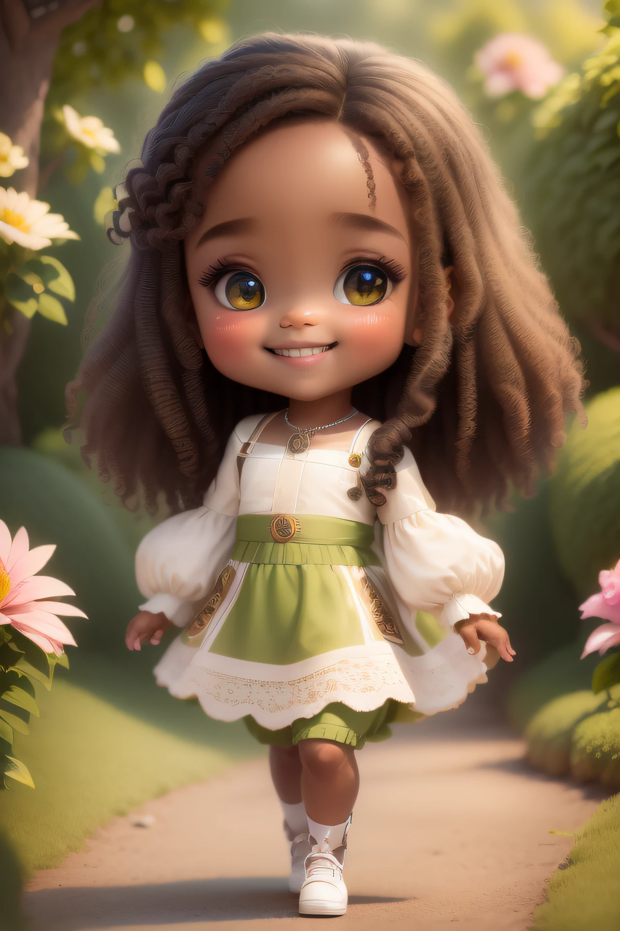 chibi 1 African  dark brown skin:5, cute smile, walking in the field ((full body))) "((with coffee))" realistic shadows, sparkling eyes, detailed skin, slightly sparkling light green eyes, pose for photo, long curly brown hair, flowers in hair, rapunzel style, very detailed, highly detailed 8k face, perfect face shape, perfect full lips, perfect nose, beautiful and correct eyes, observant, wedding dress: 3.45, flowers hair, masterpiece, best quality, single, jeans, alone, advanced chibi