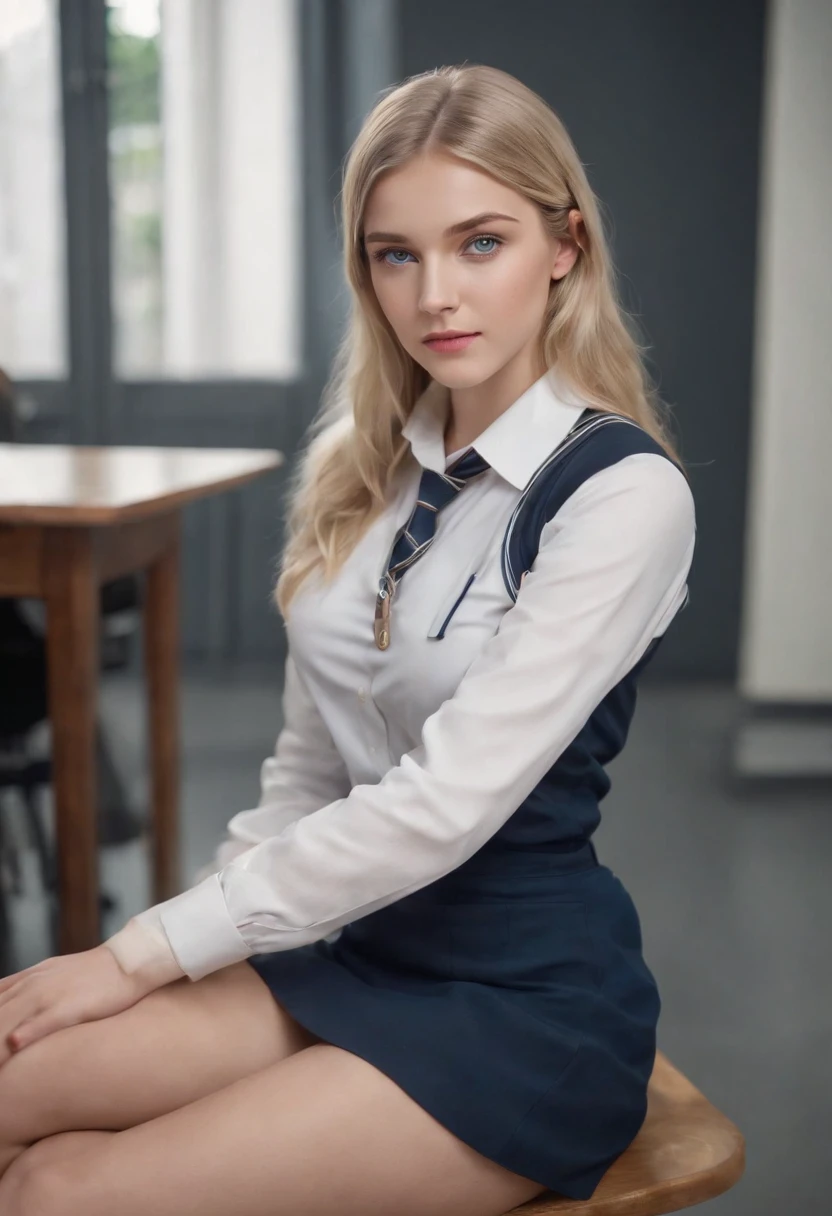 1 girl, hyperrealistic, school girl, uniform,20 years old, very beatifull, blue eyes, blonde hair, open legs,on desk, backround flue, 8k, touching legs, , teen,cowboy shot