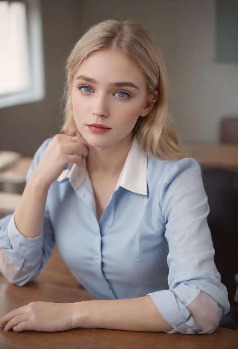 1 girl, hyperrealistic, school girl, uniform,20 years old, very beatifull, blue eyes, blonde hair, open legs,on desk, backround flue, 8k, touching legs, , ,cowboy shot