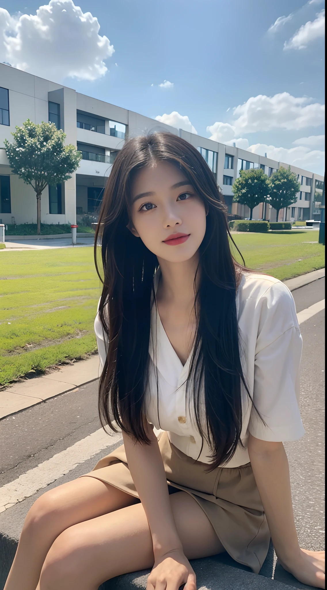 ((Best Quality, 8K, Masterpiece:1.3)), A beautiful girl, pure, melon face, gentle and cute, sweet smile, pure desire, thin figure, (frontal), (tilted head), looking directly at the camera, uniform, obi, formal, black silky long straight hair, long hair flowing over the shoulders, round black big eyes, clear big eyes, moist red lips, sweet, sitting on the side of the road, blue sky and white clouds, grass, buildings,