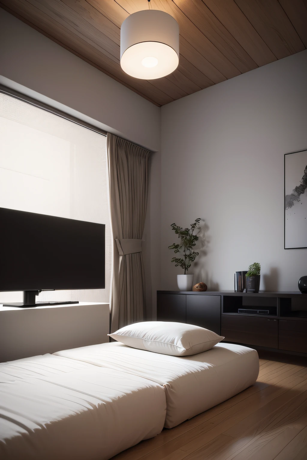 zen style public hotel interior design, white light, big TV ultra real 8k, ling, sofa 2400mm, floor lamp, dowlight d=90, This interior design concept aims to create a welcoming and eco-conscious space for The Digital Self-Carer while addressing the cost-effectiveness and sustainability requirements of potential clients, The Eco-Focused Investor